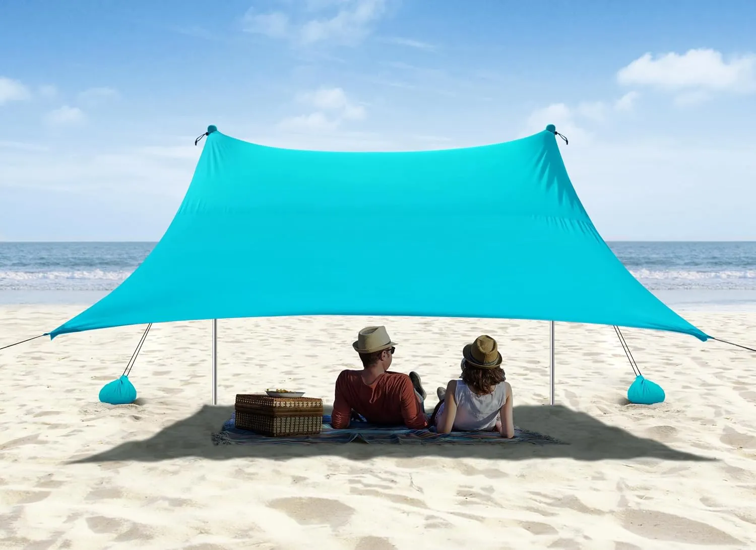Beach Tent, Camping Sun Shelter 10 x 10ft, with 4 Sandbags, UPF50 , Includes Sand Shovel, Ground Pegs & Stability Poles, Pop Up Beach Canopy Sunshade for Fishing, Backyard Fun or Picnics (Cyan)