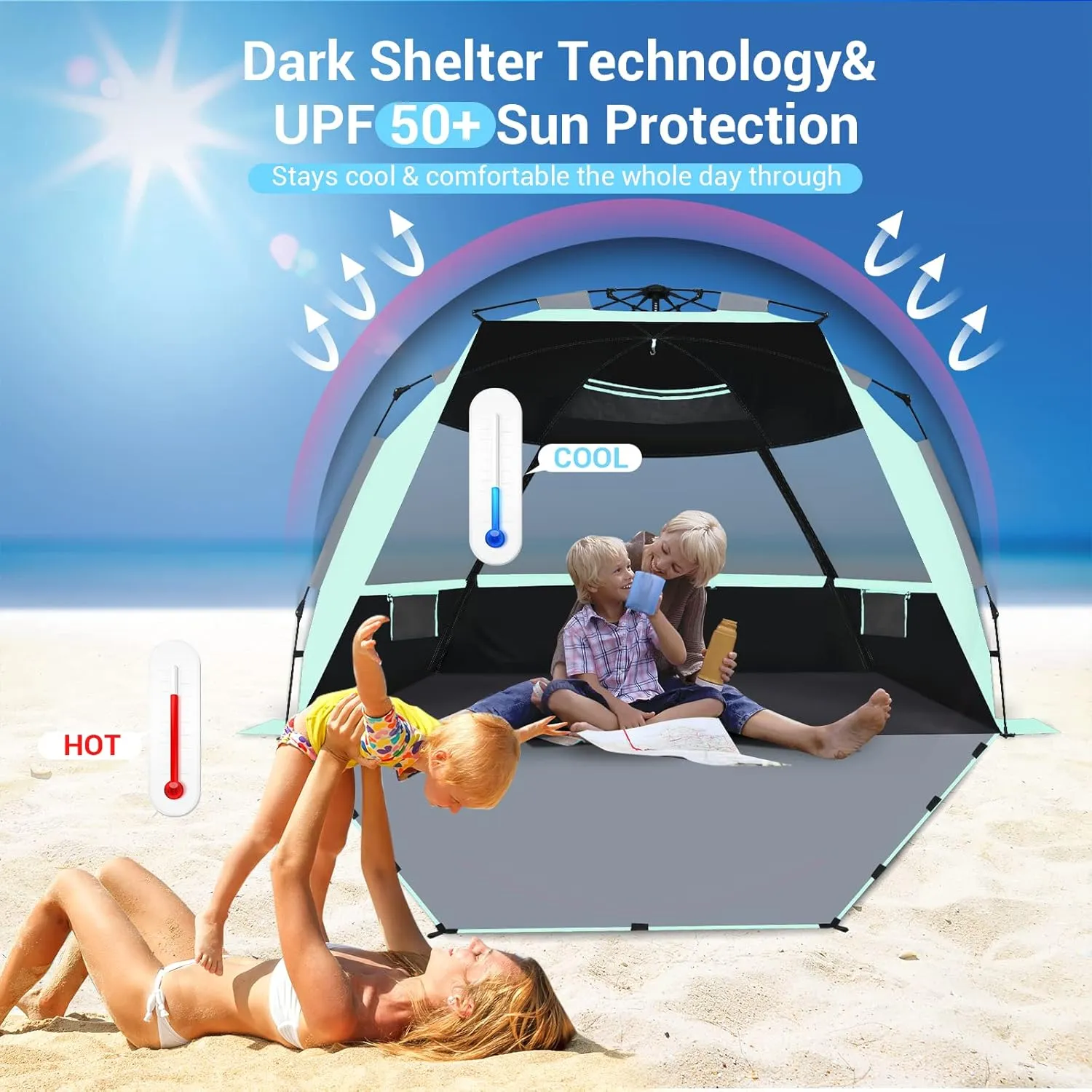 Beach Tent, Deluxe XL Pop-up Beach Tent for 4-6 Person, UPF 50  with Dark Shelter Technology, Easy Set Up and Portable Beach Tent Sun Shelter