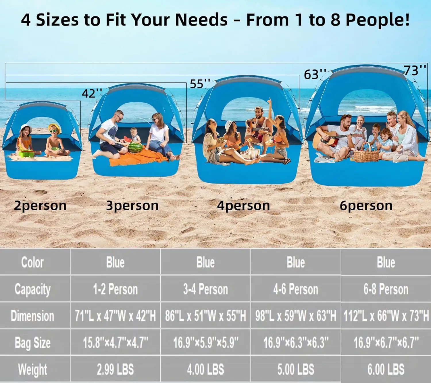 Beach Tent, Portable Sun Shelter for 2/3/4/6-8 Person with UPF 50  UV Protection, Easy Setup Waterproof Beach Shade Canopy Cabana for Family Outdoor and Picnics, Fishing with Carrying Bag