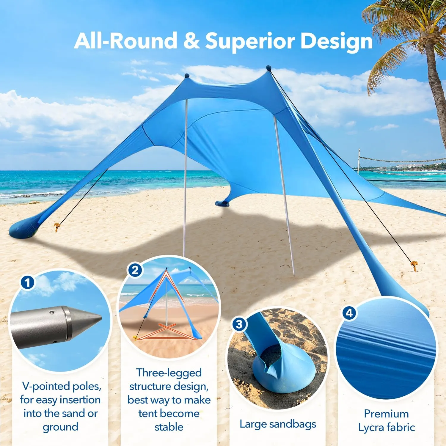 Beach Tent Shade Canopy with UPF50  Protection Sun Shelter Umbrella Portable Camping Tents with Sandbags Poles and Ground Pegs and Anti-Wind Ropes for Beach Outdoor Camping Backyard Picnics 7X7Ft