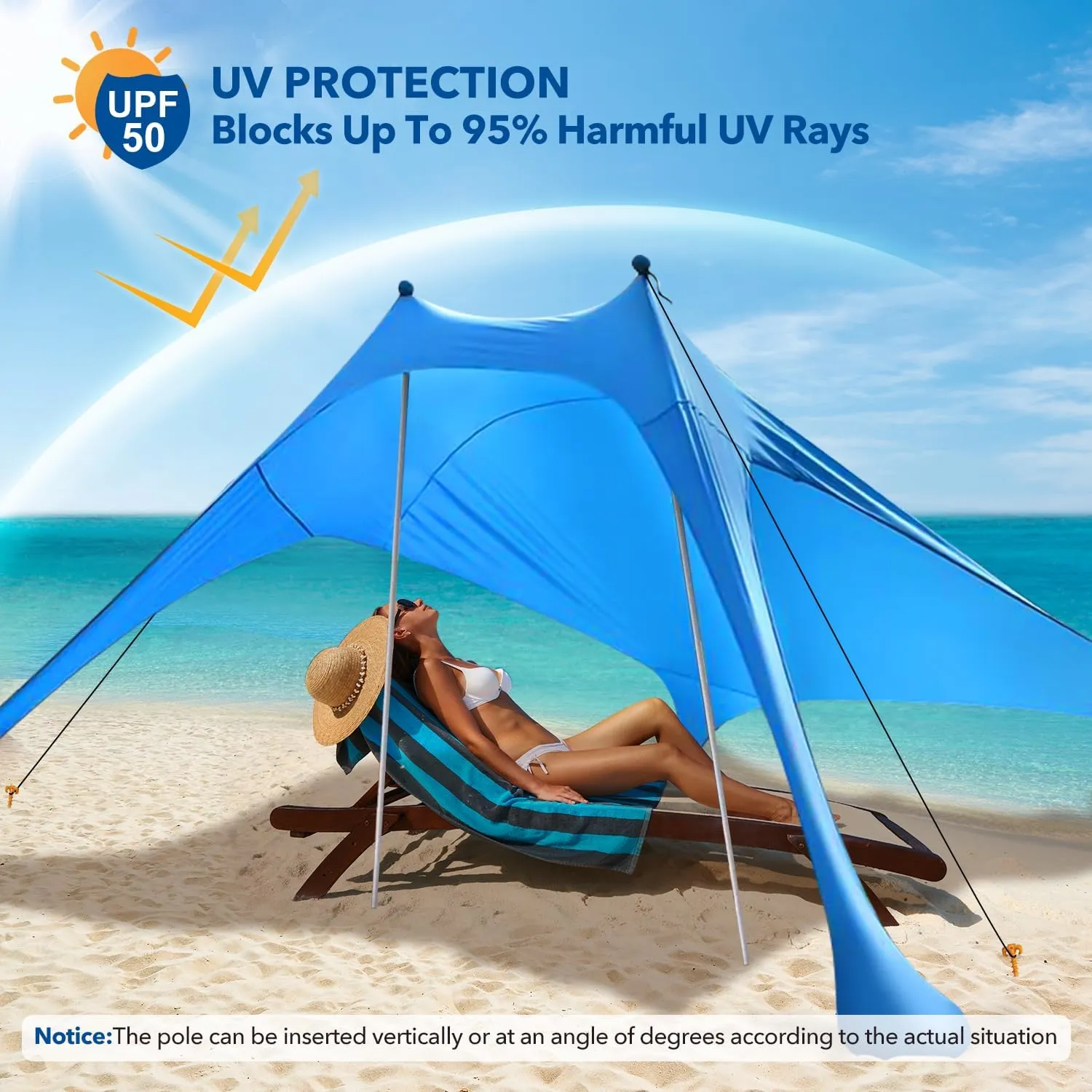 Beach Tent Shade Canopy with UPF50  Protection Sun Shelter Umbrella Portable Camping Tents with Sandbags Poles and Ground Pegs and Anti-Wind Ropes for Beach Outdoor Camping Backyard Picnics 7X7Ft
