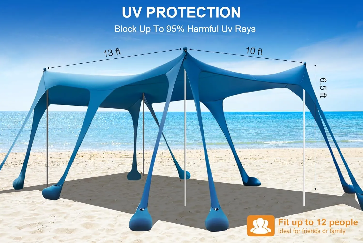 Beach Tent Sun Shelter, Camping Sun Shelter 10 x 13FT with 10 Sandbags, Sand Shovel, Ground Pegs, Stability Poles, Beach Canopy Tent Sun Shade UPF50  Protection for Camping, Fishing, Backyard