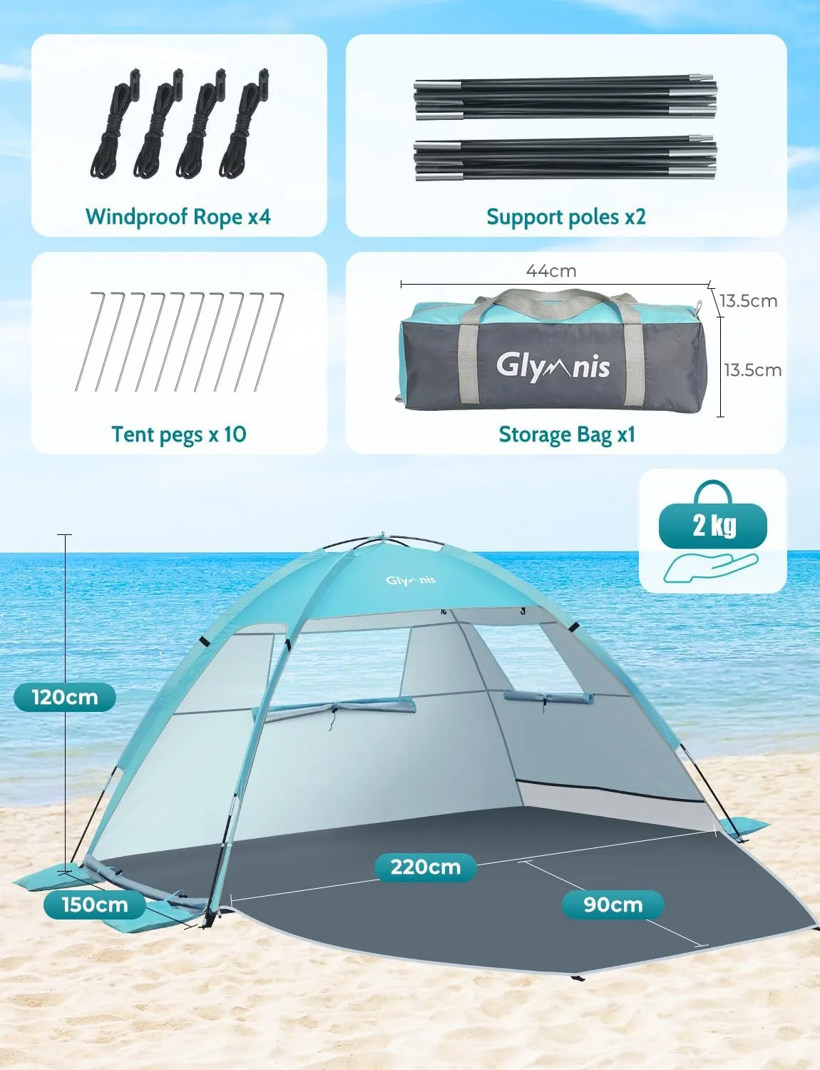 Beach Tent Sun Shelter for 3 Person with UPF 50  UV Protection, Lightweight & Easy Setup Beach Shade Canopy with Vent Windows & Zippered Door