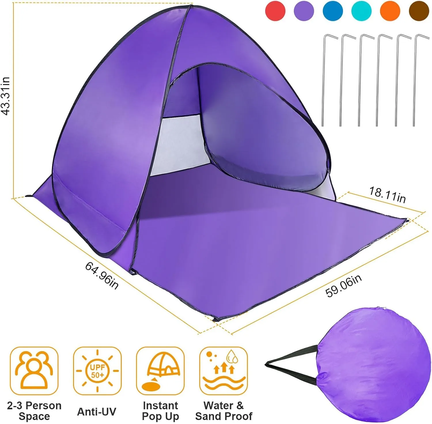 Beach Tent, UPF 50  UV Protection Beach Tent for 2-3 Person, Portable Automatic Instant Pop Up Tent, Sun Shelter Canopy Easy Setup Cabana, with Carrying Bag for Camping/Outdoor