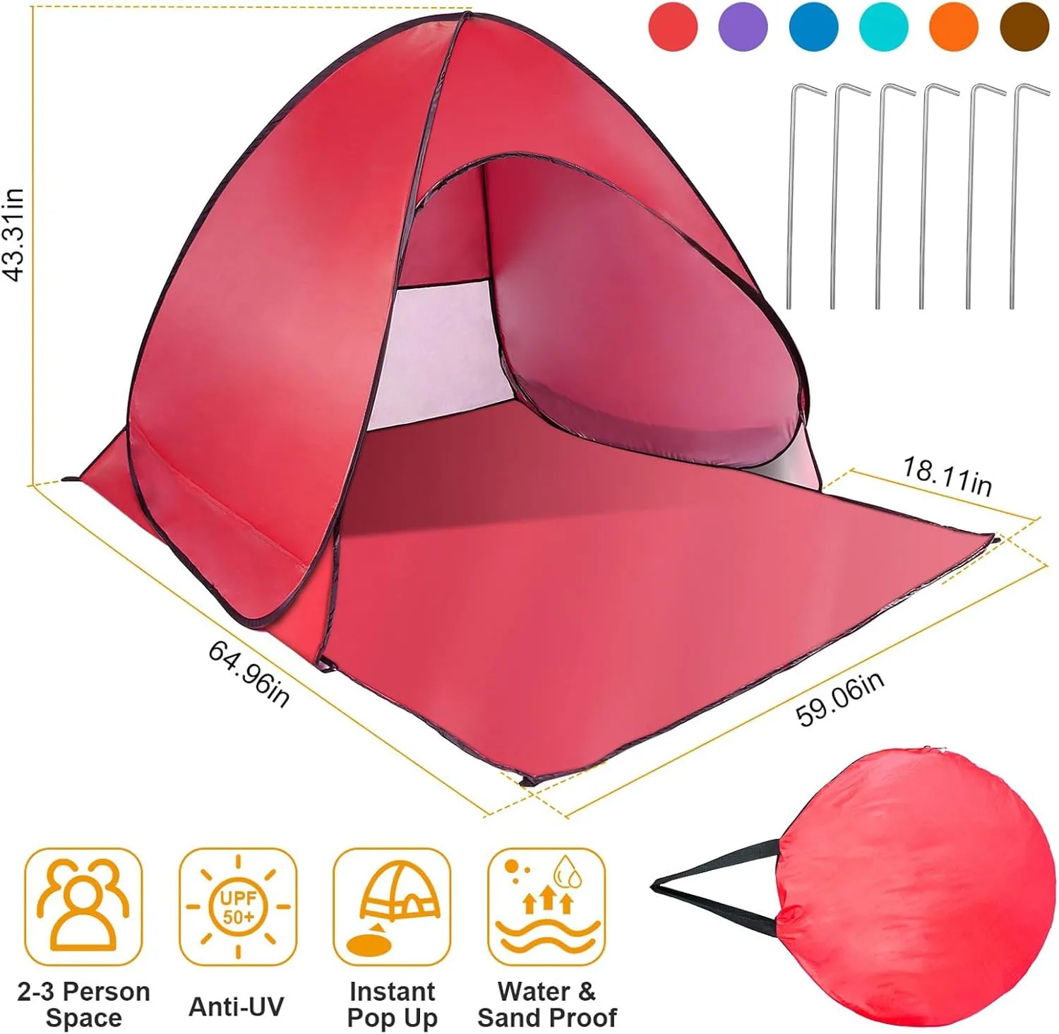 Beach Tent, UPF 50  UV Protection Beach Tent for 2-3 Person, Portable Automatic Instant Pop Up Tent, Sun Shelter Canopy Easy Setup Cabana, with Carrying Bag for Camping/Outdoor