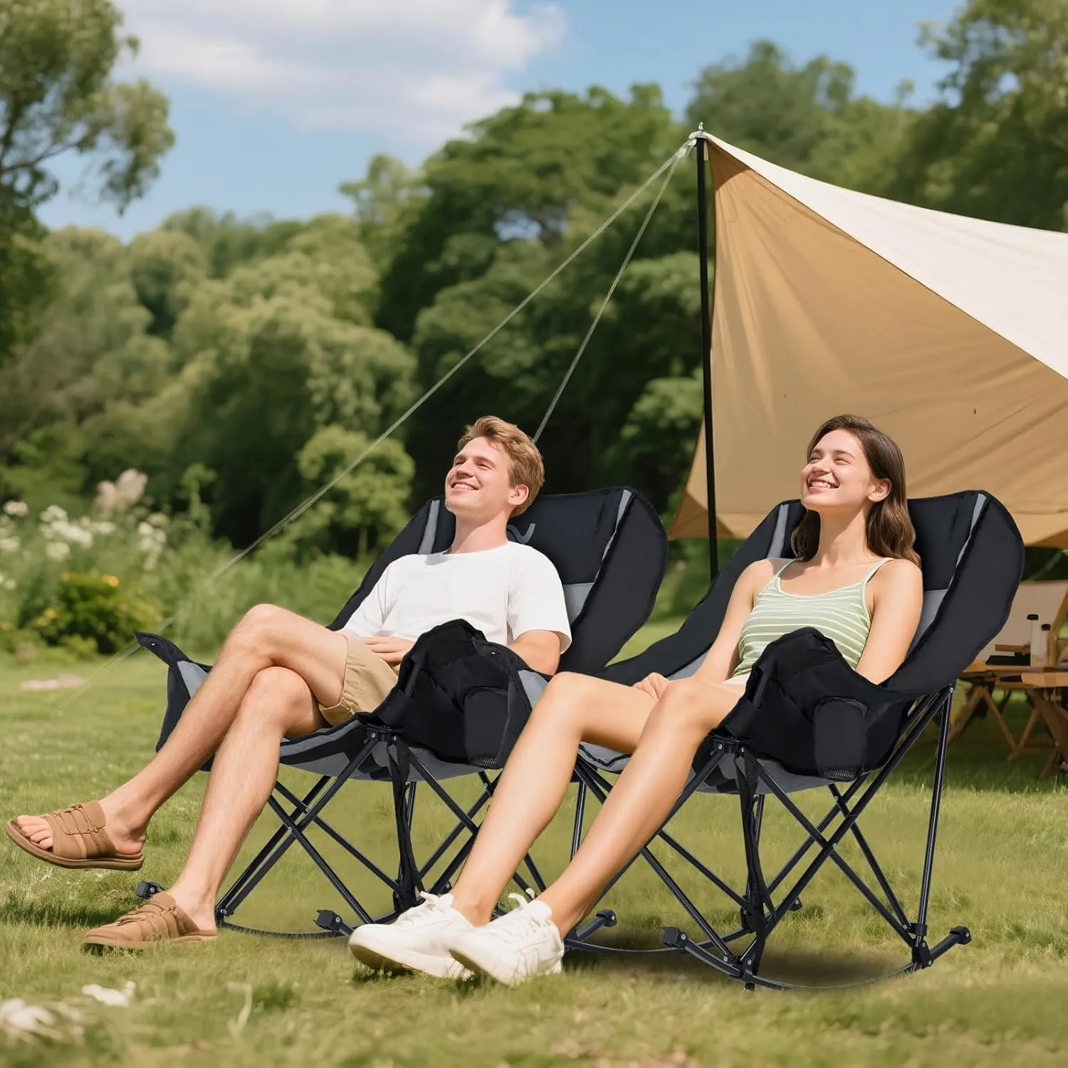 Begonia.K Oversized Rocking Camping Chair with Cooler Bag - Fully Padded Patio Chair with Side Pocket and Carry Bag - Outdoor Folding Lawn Recliner with Cup Holder for Adults - Heavy Duty 400 LBS