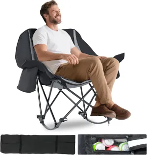 Begonia.K Oversized Rocking Camping Chair with Cooler Bag - Fully Padded Patio Chair with Side Pocket and Carry Bag - Outdoor Folding Lawn Recliner with Cup Holder for Adults - Heavy Duty 400 LBS