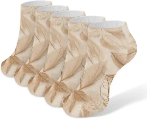Beige Leaves on Fabric Ankle Socks for Men & Women, 5 Pairs Breathable Soft Low Cut Socks, Stretch Sweat Wicking Sox