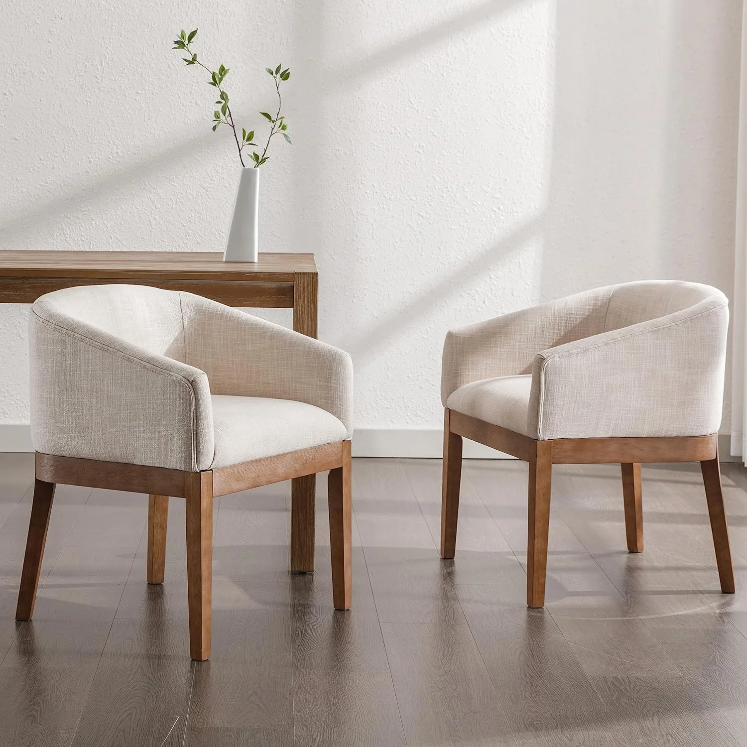 Beige Mid Century Modern Dining Chairs Set of 4, Farmhouse Linen Upholstered Accent Curved Backrest Kitchen Chairs Armchairs with Natural Wood Legs, Beige