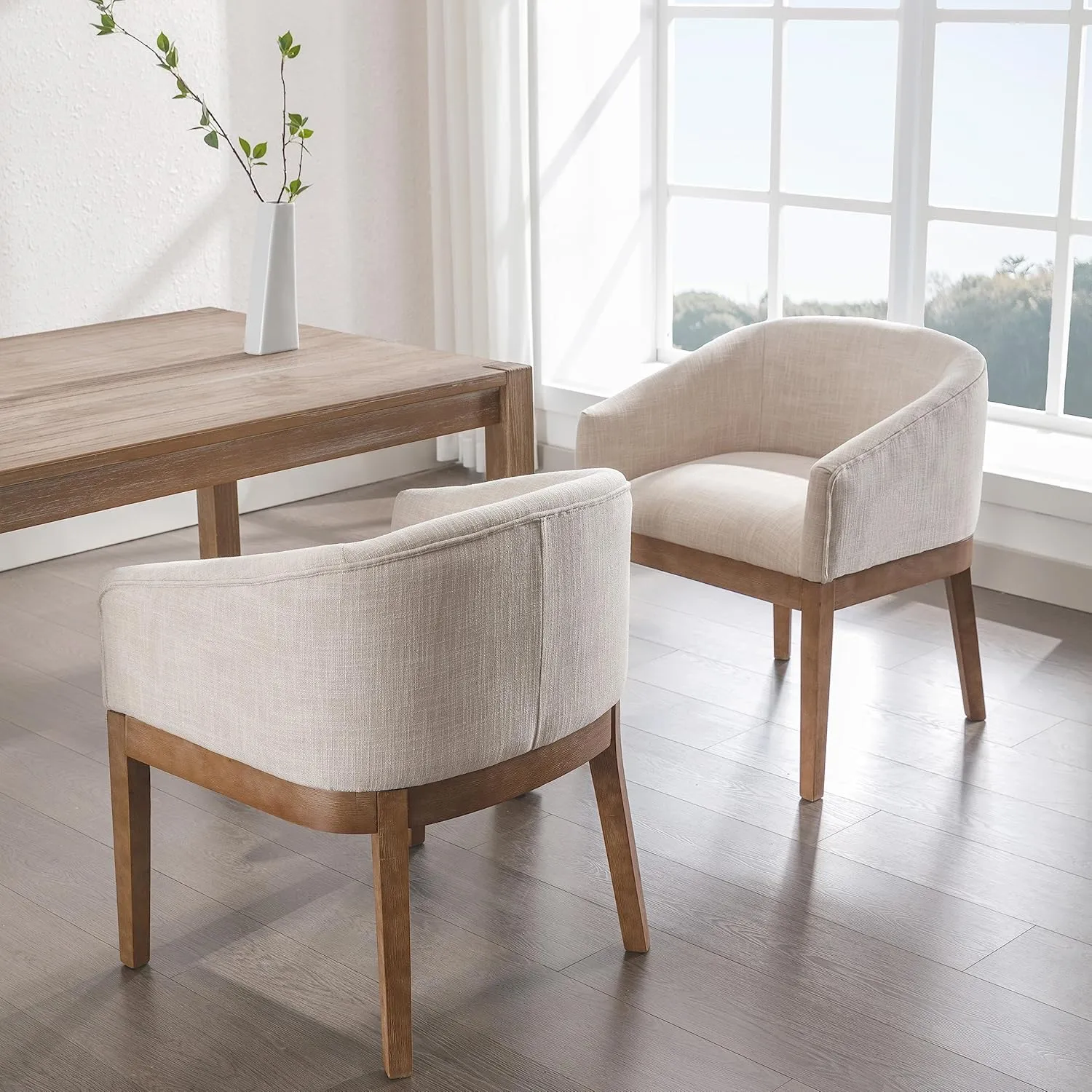 Beige Mid Century Modern Dining Chairs Set of 4, Farmhouse Linen Upholstered Accent Curved Backrest Kitchen Chairs Armchairs with Natural Wood Legs, Beige