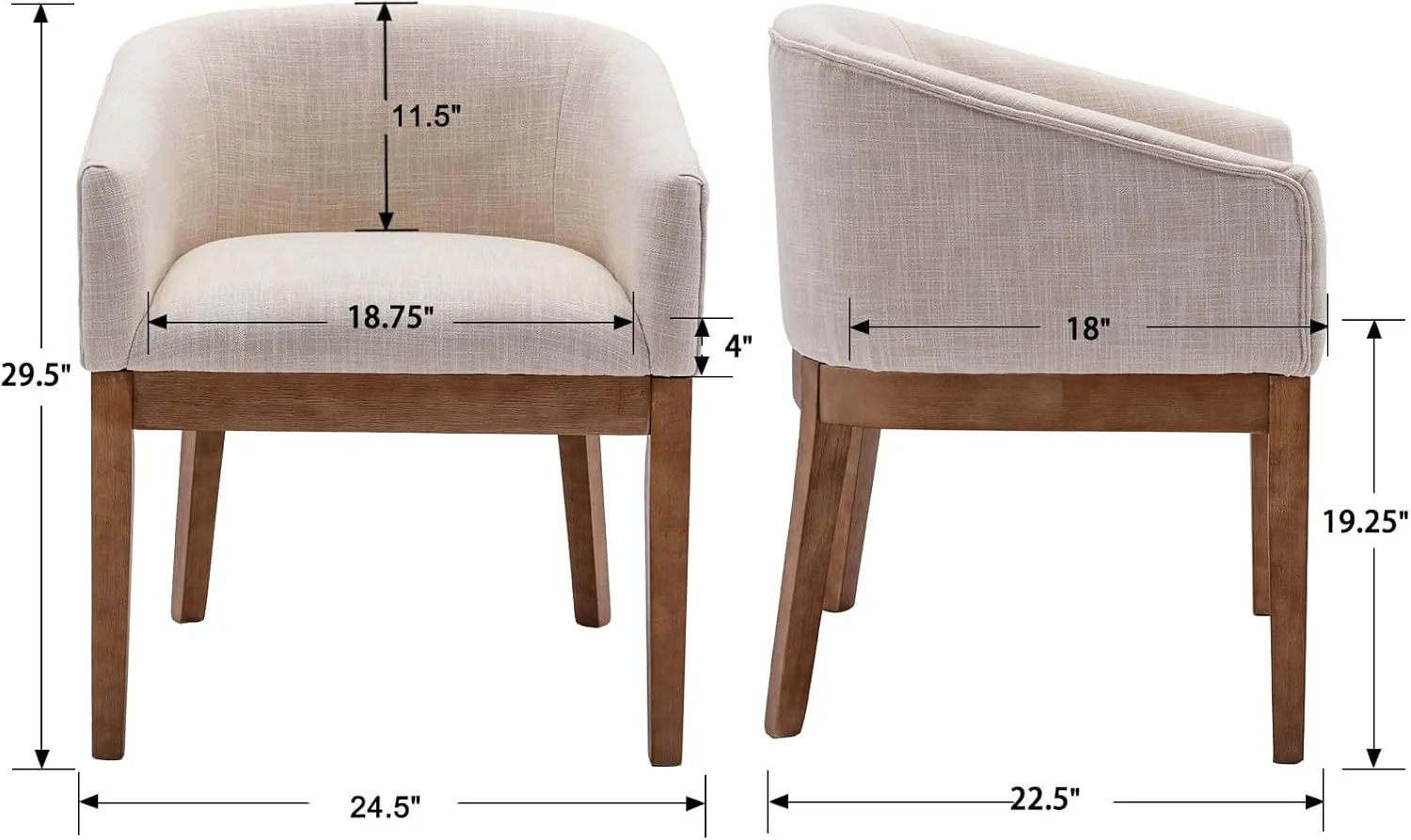 Beige Mid Century Modern Dining Chairs Set of 4, Farmhouse Linen Upholstered Accent Curved Backrest Kitchen Chairs Armchairs with Natural Wood Legs, Beige