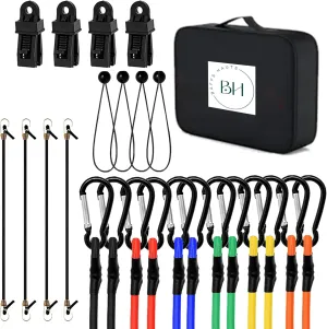 BH 28 Pc Bungee Cords Heavy Duty outdoor 72", 60", 48", 36", 24", 18" Bungee Cords Assorted Sizes with Small Bunjee Chords, Bungie Ball, Tarp Clips, Long Rubber Bungee Straps Outdoor & 1 Organizer Bag