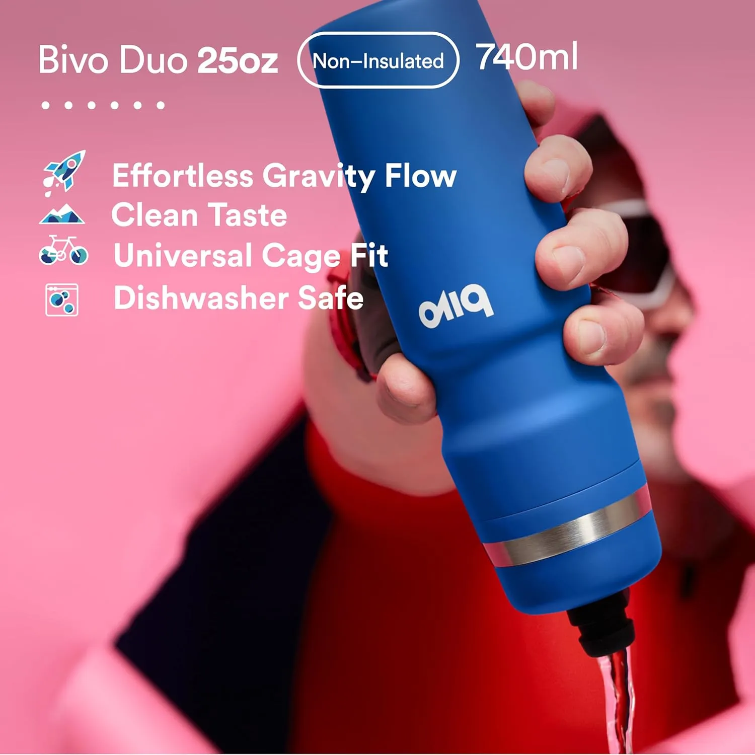 Bivo Duo 25oz Non Insulated Stainless Steel Bike Water Bottle - Lightweight for Cycling, Hiking, Sports - No Plastic Taste, Fits Most Cages, Dishwasher Safe - (Black)