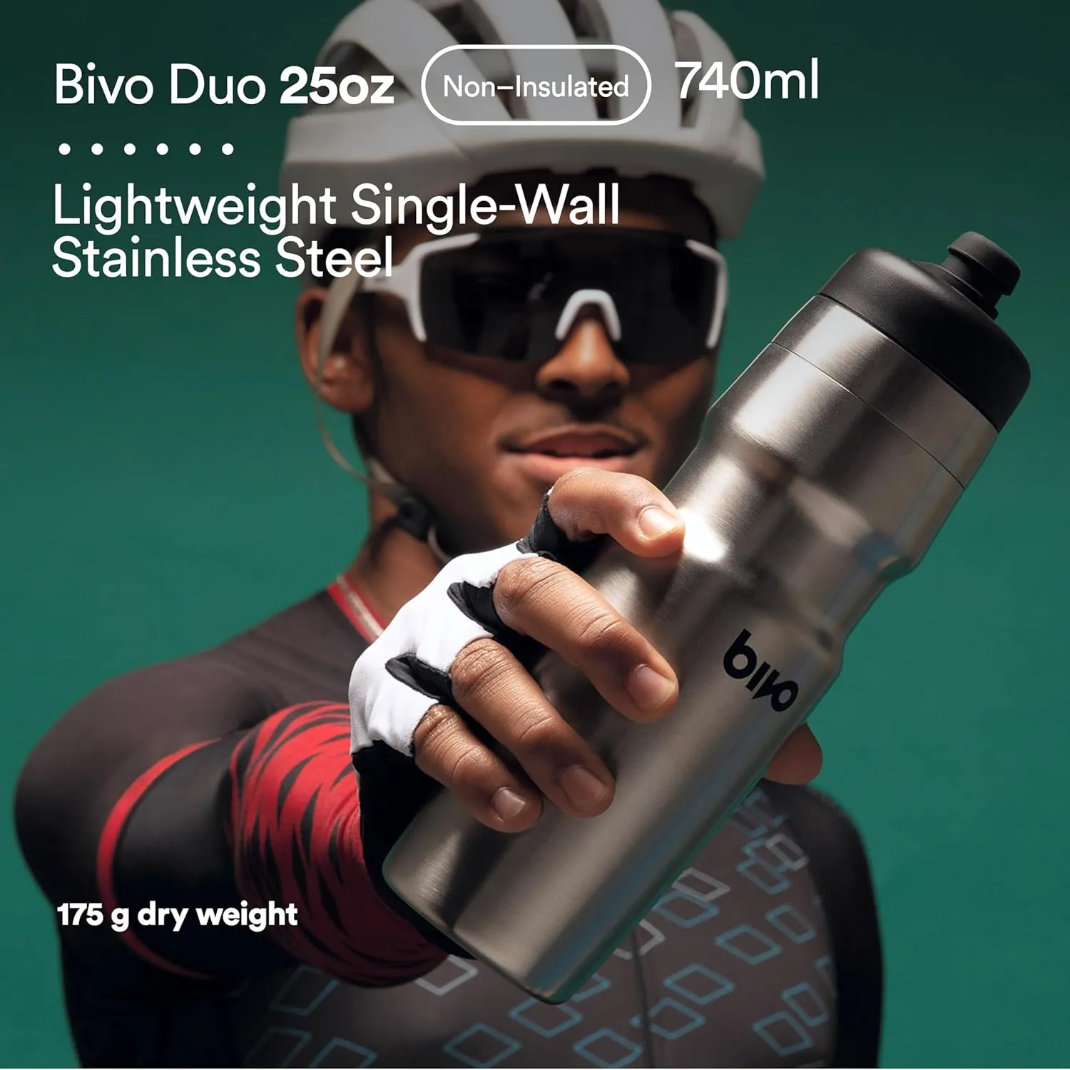 Bivo Duo 25oz Non Insulated Stainless Steel Bike Water Bottle - Lightweight for Cycling, Hiking, Sports - No Plastic Taste, Fits Most Cages, Dishwasher Safe - (Black)