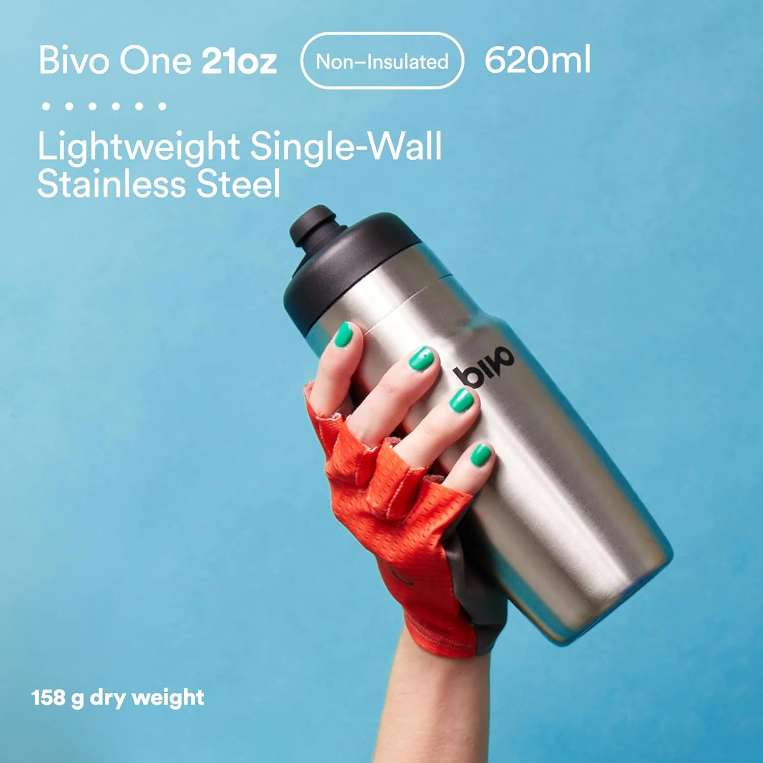 Bivo One 21oz Non Insulated Stainless Steel Bike Water Bottle - Lightweight for Cycling, Travel, Kids - No Plastic Taste, Fits Most Cages, Dishwasher Safe - (True Blue)