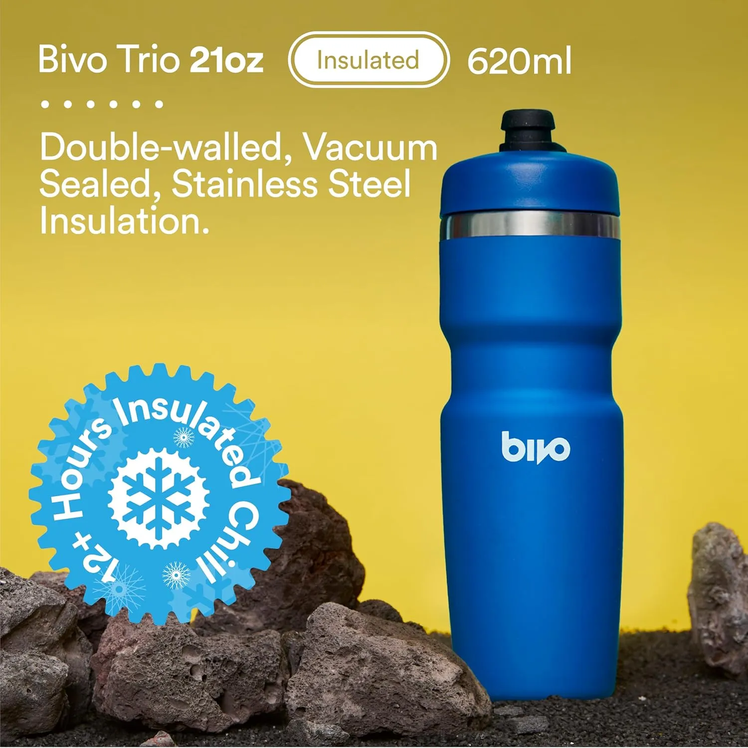 Bivo Trio 21oz Insulated Stainless Steel Bike Water Bottle - for Cycling - Fits Most Cages, Dishwasher Safe - Keeps Drinks Cold 12  Hours - True Blue