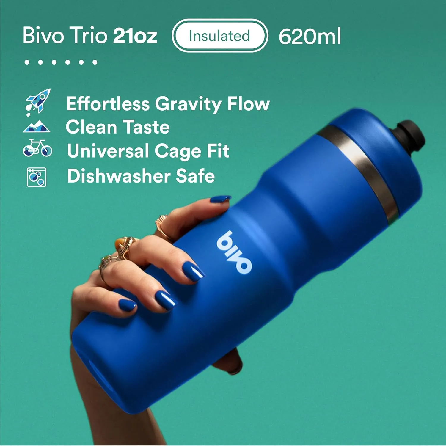 Bivo Trio 21oz Insulated Stainless Steel Bike Water Bottle - for Cycling - Fits Most Cages, Dishwasher Safe - Keeps Drinks Cold 12  Hours - True Blue