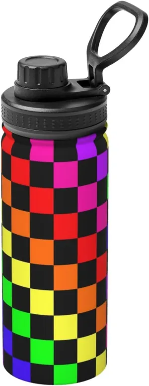 Black Rainbow Race Checkered Flag 18 OZ Sports Insulated Water Bottle Stainless Steel Kettle Novelty Drinking Cup for Outdoor Gym Travel