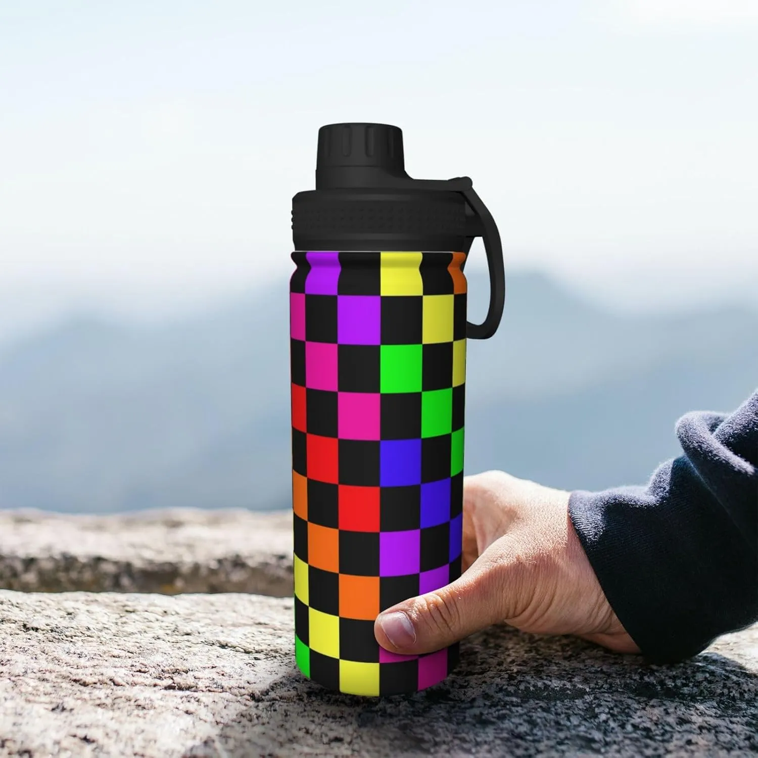 Black Rainbow Race Checkered Flag 18 OZ Sports Insulated Water Bottle Stainless Steel Kettle Novelty Drinking Cup for Outdoor Gym Travel