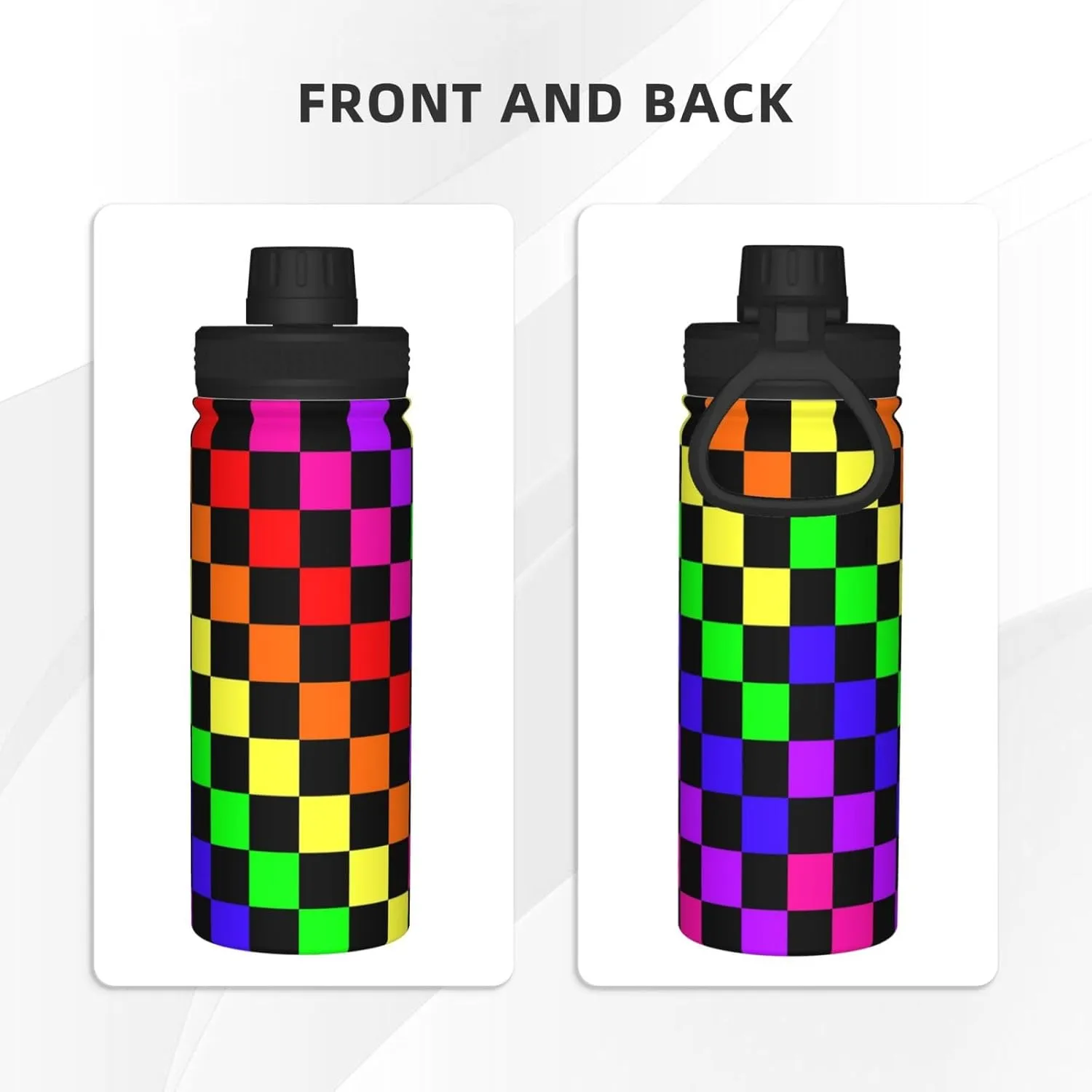 Black Rainbow Race Checkered Flag 18 OZ Sports Insulated Water Bottle Stainless Steel Kettle Novelty Drinking Cup for Outdoor Gym Travel