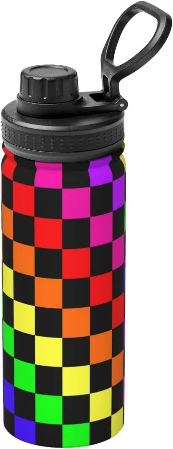 Black Rainbow Race Checkered Flag 18 OZ Sports Insulated Water Bottle Stainless Steel Kettle Novelty Drinking Cup for Outdoor Gym Travel