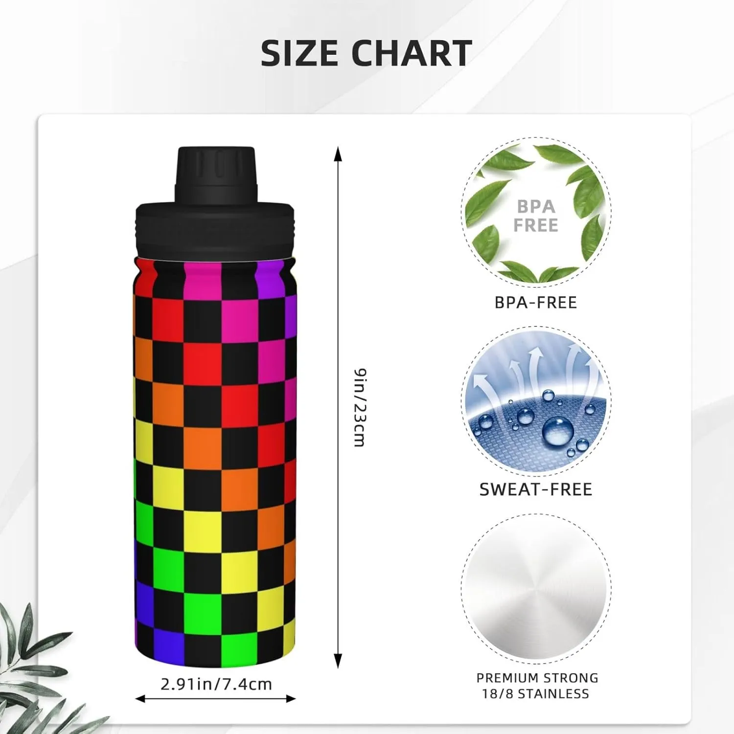Black Rainbow Race Checkered Flag 18 OZ Sports Insulated Water Bottle Stainless Steel Kettle Novelty Drinking Cup for Outdoor Gym Travel