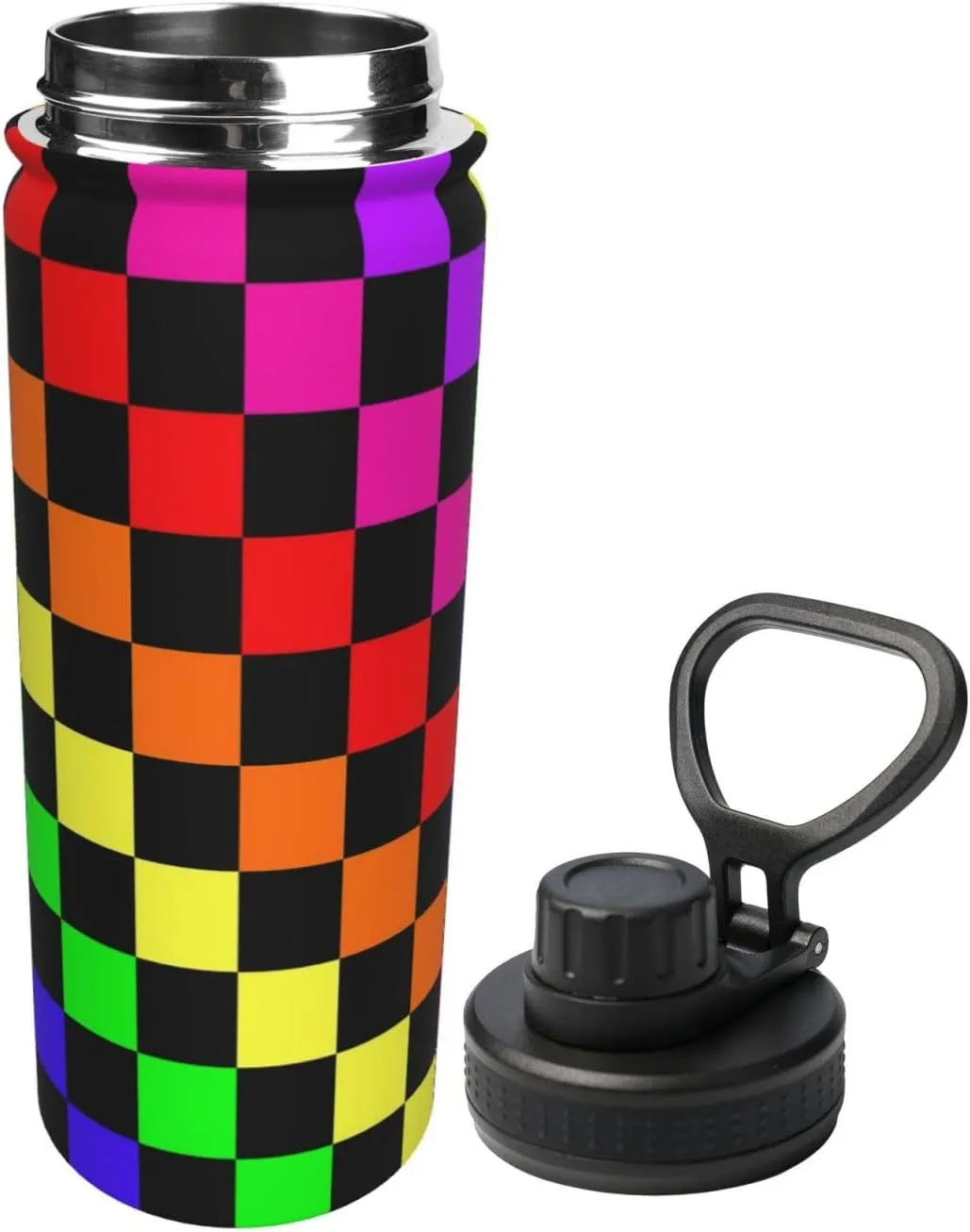 Black Rainbow Race Checkered Flag 18 OZ Sports Insulated Water Bottle Stainless Steel Kettle Novelty Drinking Cup for Outdoor Gym Travel
