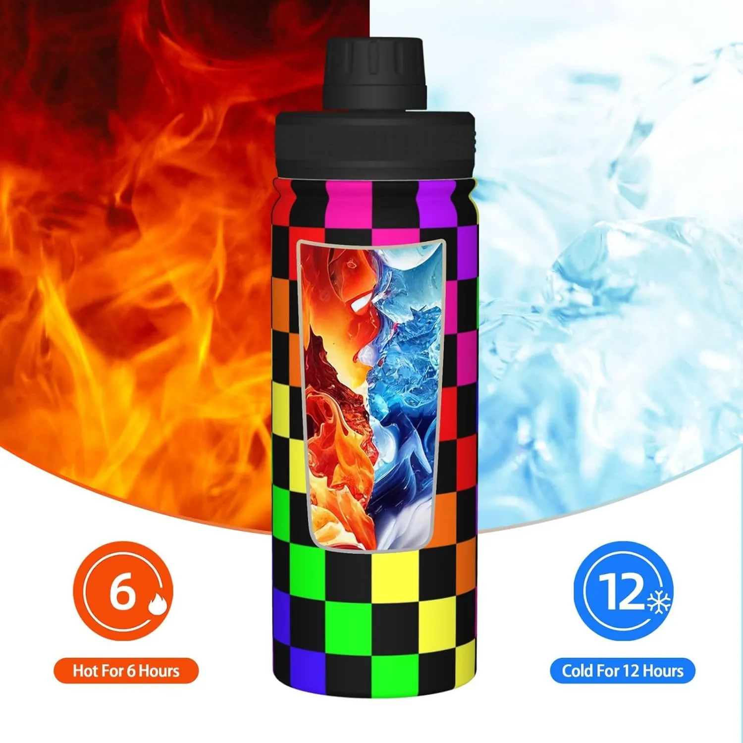 Black Rainbow Race Checkered Flag 18 OZ Sports Insulated Water Bottle Stainless Steel Kettle Novelty Drinking Cup for Outdoor Gym Travel