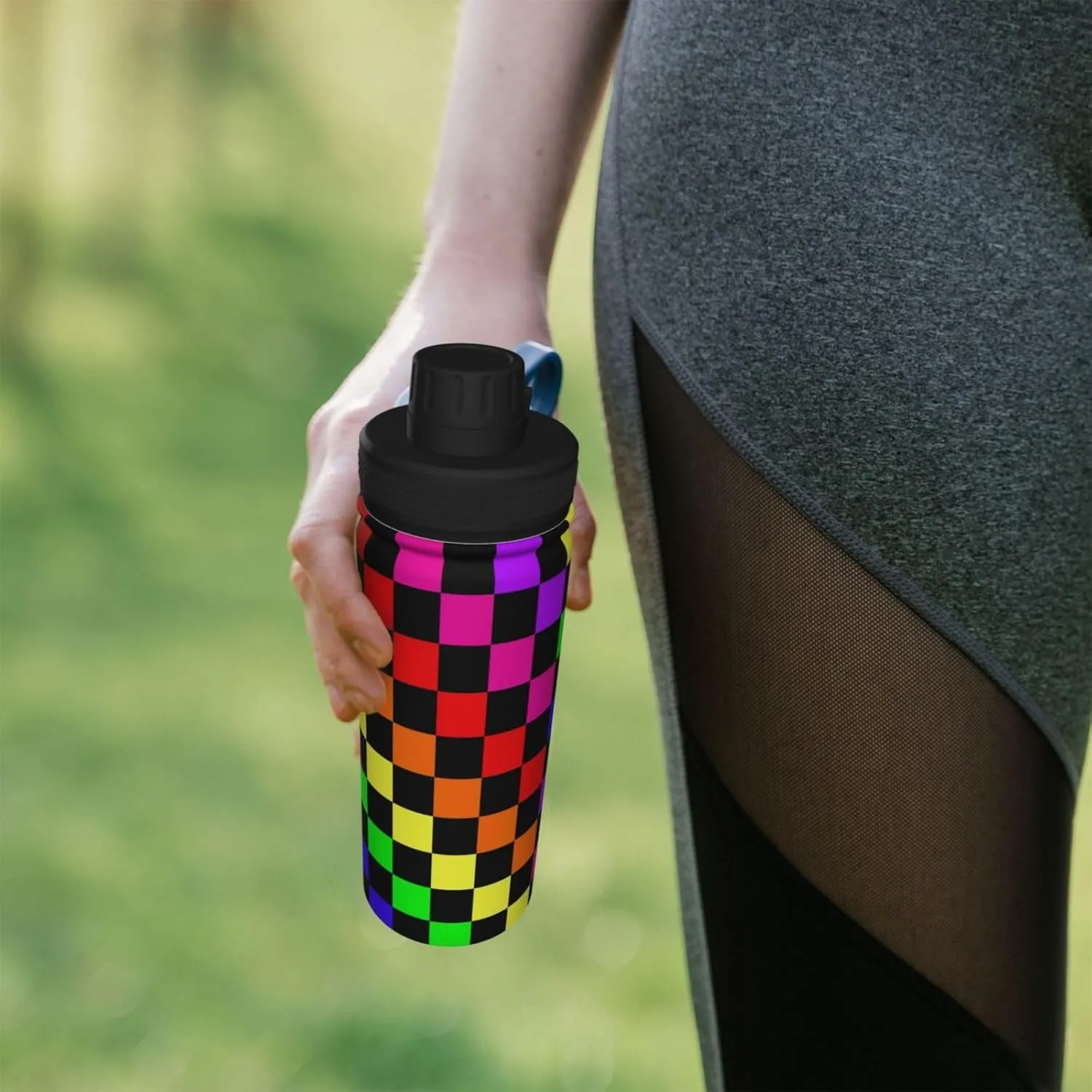 Black Rainbow Race Checkered Flag 18 OZ Sports Insulated Water Bottle Stainless Steel Kettle Novelty Drinking Cup for Outdoor Gym Travel