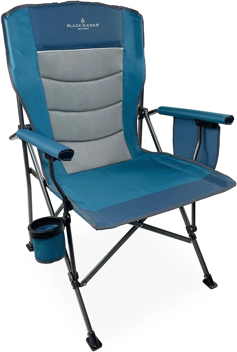 Black Sierra Oversize Camping Chair for Adults Supports 500 lbs, XL Heavy Duty Hard Arm Folding Chair, Steel Frame Durable Padded Outdoor Seat, Portable Fold Up Chair w/Cup Holder and Storage Bag