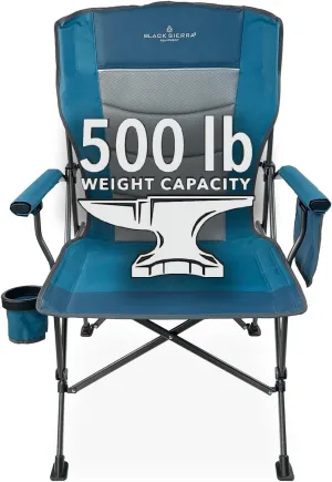 Black Sierra Oversize Camping Chair for Adults Supports 500 lbs, XL Heavy Duty Hard Arm Folding Chair, Steel Frame Durable Padded Outdoor Seat, Portable Fold Up Chair w/Cup Holder and Storage Bag