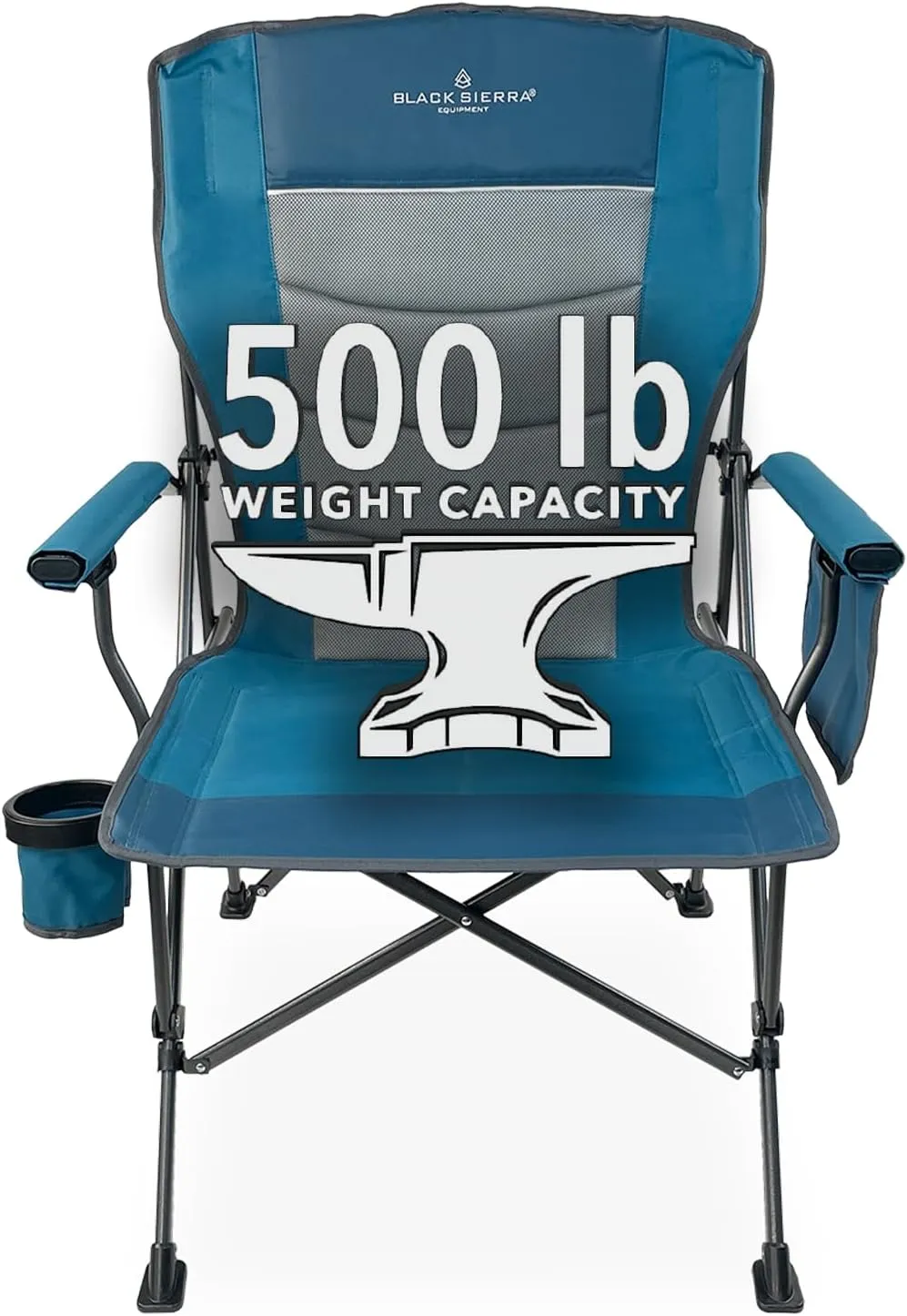 Black Sierra Oversize Camping Chair for Adults Supports 500 lbs, XL Heavy Duty Hard Arm Folding Chair, Steel Frame Durable Padded Outdoor Seat, Portable Fold Up Chair w/Cup Holder and Storage Bag