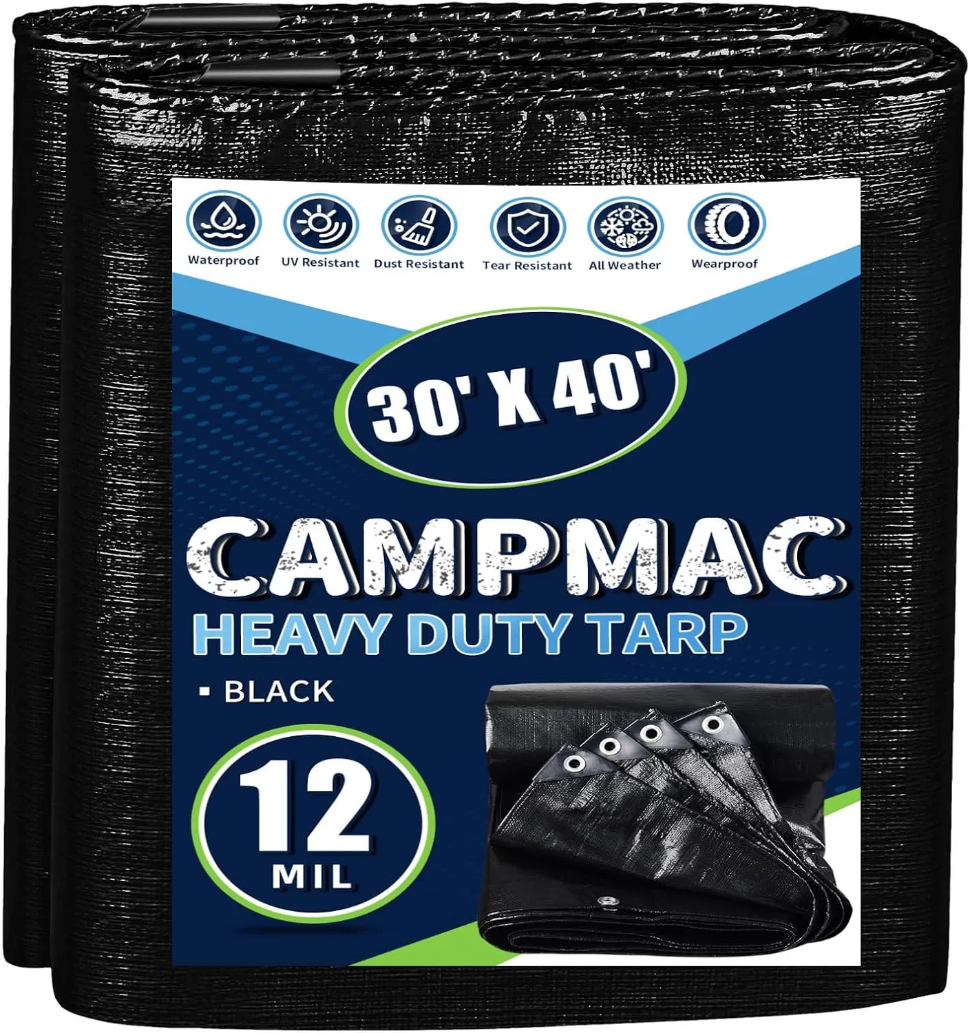 Black Tarps Heavy Duty Waterproof 30x40, 12 Mil Thick, High Durability, Rip and Tear Resistant with Metal Grommets Every 20 Inches
