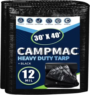 Black Tarps Heavy Duty Waterproof 30x40, 12 Mil Thick, High Durability, Rip and Tear Resistant with Metal Grommets Every 20 Inches