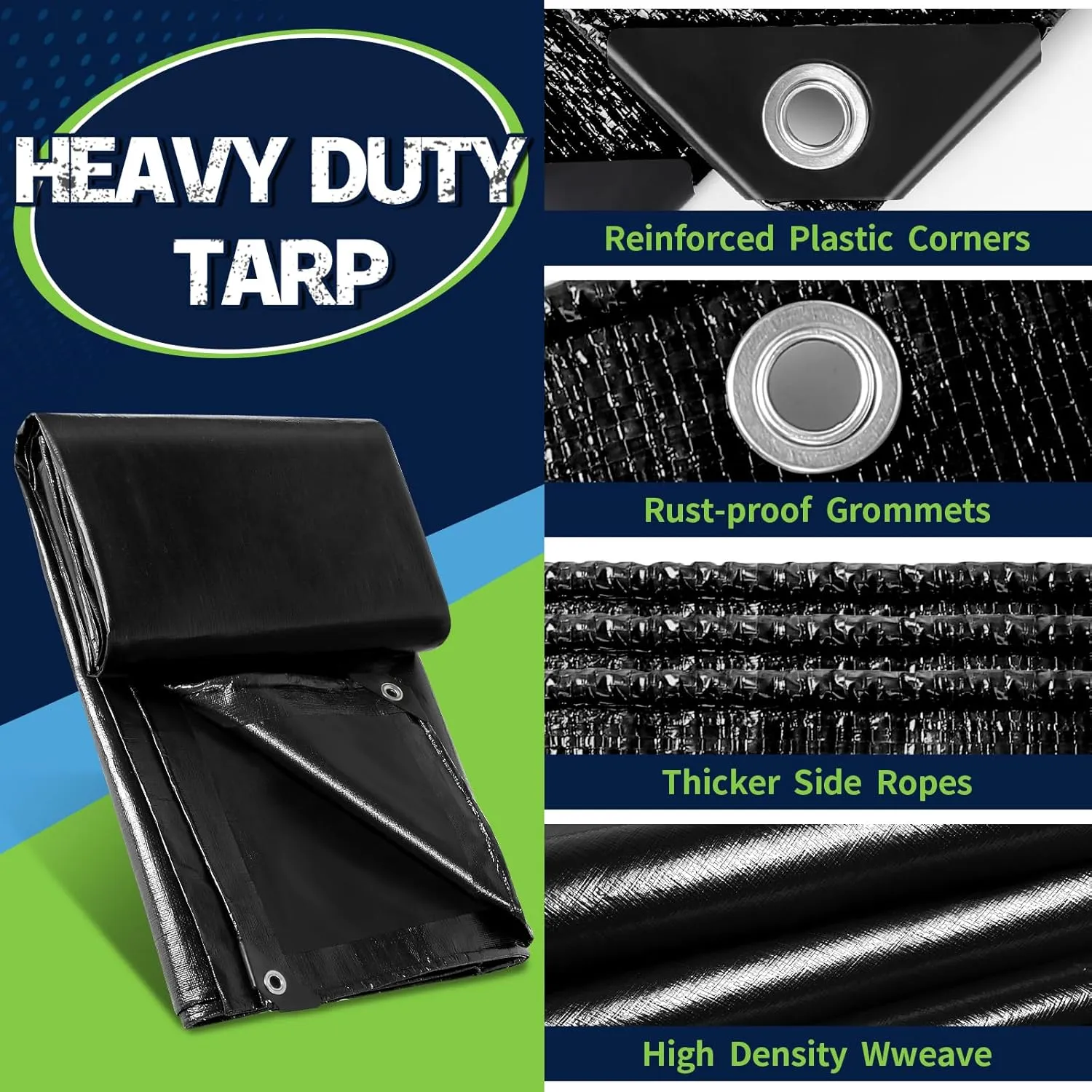 Black Tarps Heavy Duty Waterproof 30x40, 12 Mil Thick, High Durability, Rip and Tear Resistant with Metal Grommets Every 20 Inches