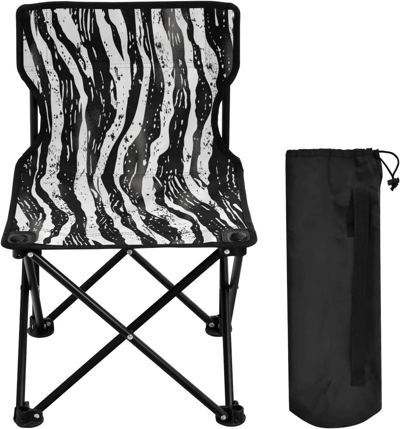 Black White Striped Plaid Portable Outdoor Folding Chair Anti-Slip Padded Oxford Cloth Stool Camping Chair Small for Beach Hiking Fishing Gardening Quad Camp Chair