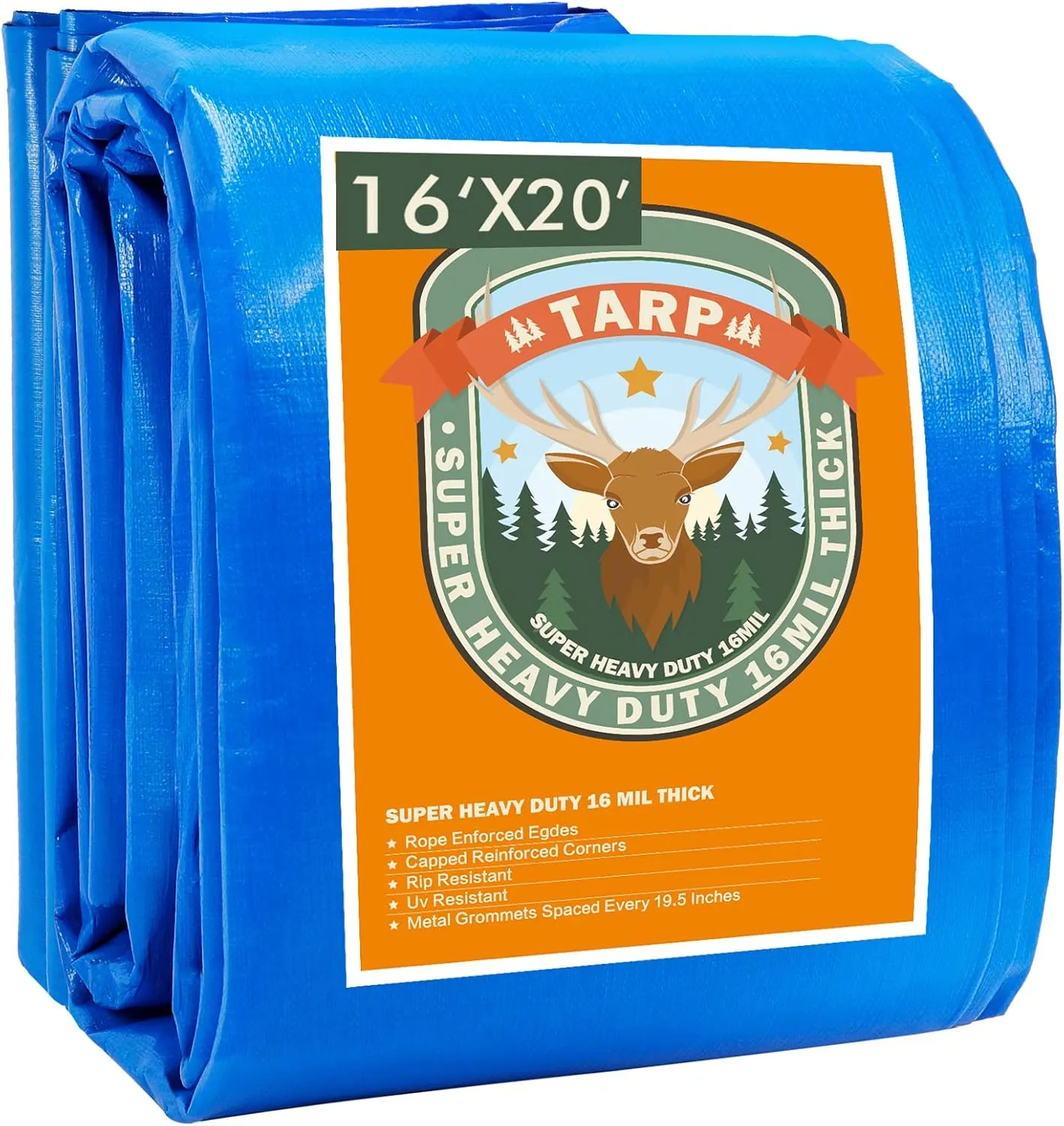 Blue Tarp, Tarps Heavy Duty Waterproof 16x20, Waterproof Plastic Poly 16 Mil Thick Tarpaulin with Metal Grommets Every 19.5 Inches - Emergency Rain Shelter, Outdoor Cover, and Camping Use