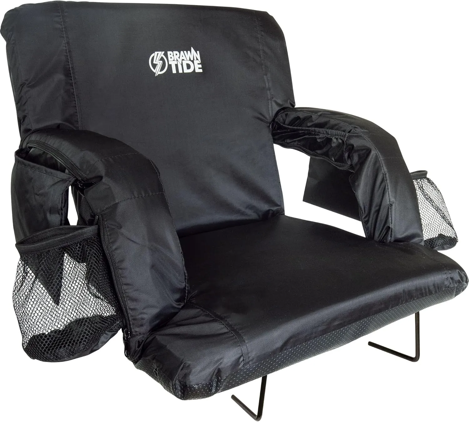 BRAWNTIDE Stadium Seat with Back Support - Comfy Cushion, Thick Padding, 2 Steel Bleacher Hooks, 4 Pockets, 2 Cup Holders, Reclining Back, Ideal Chair for Sport Events, Beaches, Camping, Concerts