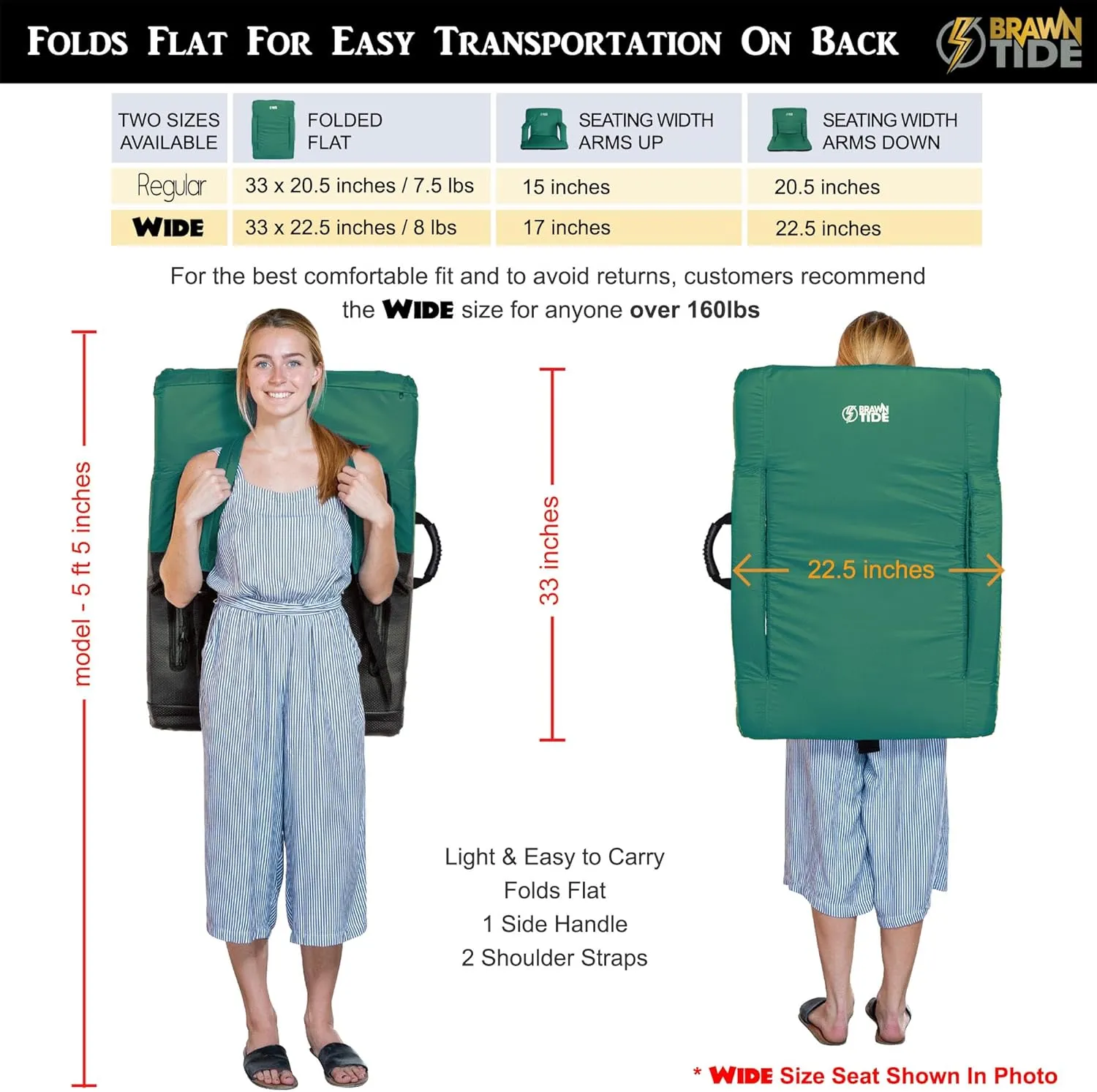 BRAWNTIDE Stadium Seat with Back Support - Comfy Cushion, Thick Padding, 2 Steel Bleacher Hooks, 4 Pockets, 2 Cup Holders, Reclining Back, Ideal Chair for Sport Events, Beaches, Camping, Concerts