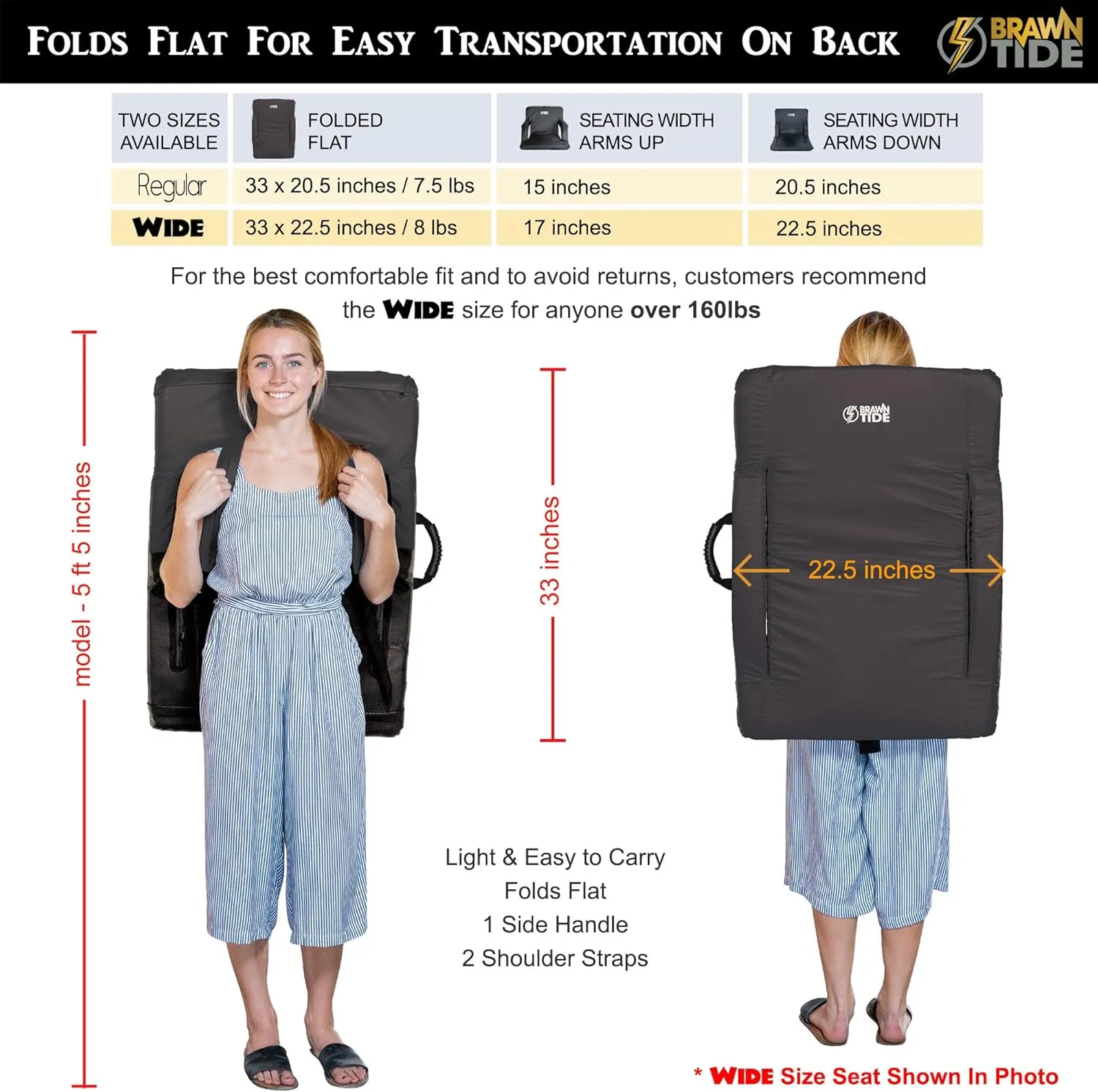 BRAWNTIDE Stadium Seat with Back Support - Comfy Cushion, Thick Padding, 2 Steel Bleacher Hooks, 4 Pockets, 2 Cup Holders, Reclining Back, Ideal Chair for Sport Events, Beaches, Camping, Concerts