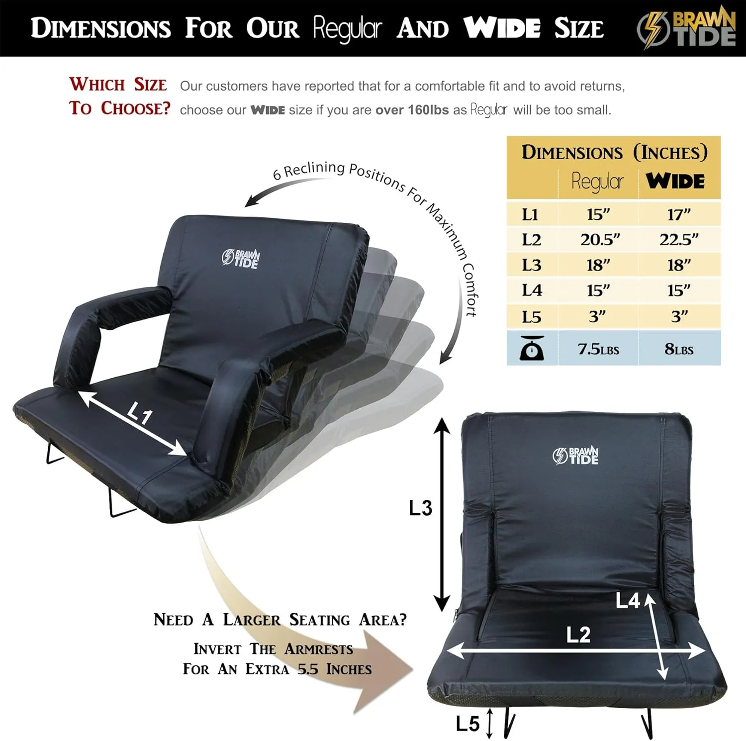BRAWNTIDE Stadium Seat with Back Support - Comfy Cushion, Thick Padding, 2 Steel Bleacher Hooks, 4 Pockets, 2 Cup Holders, Reclining Back, Ideal Chair for Sport Events, Beaches, Camping, Concerts