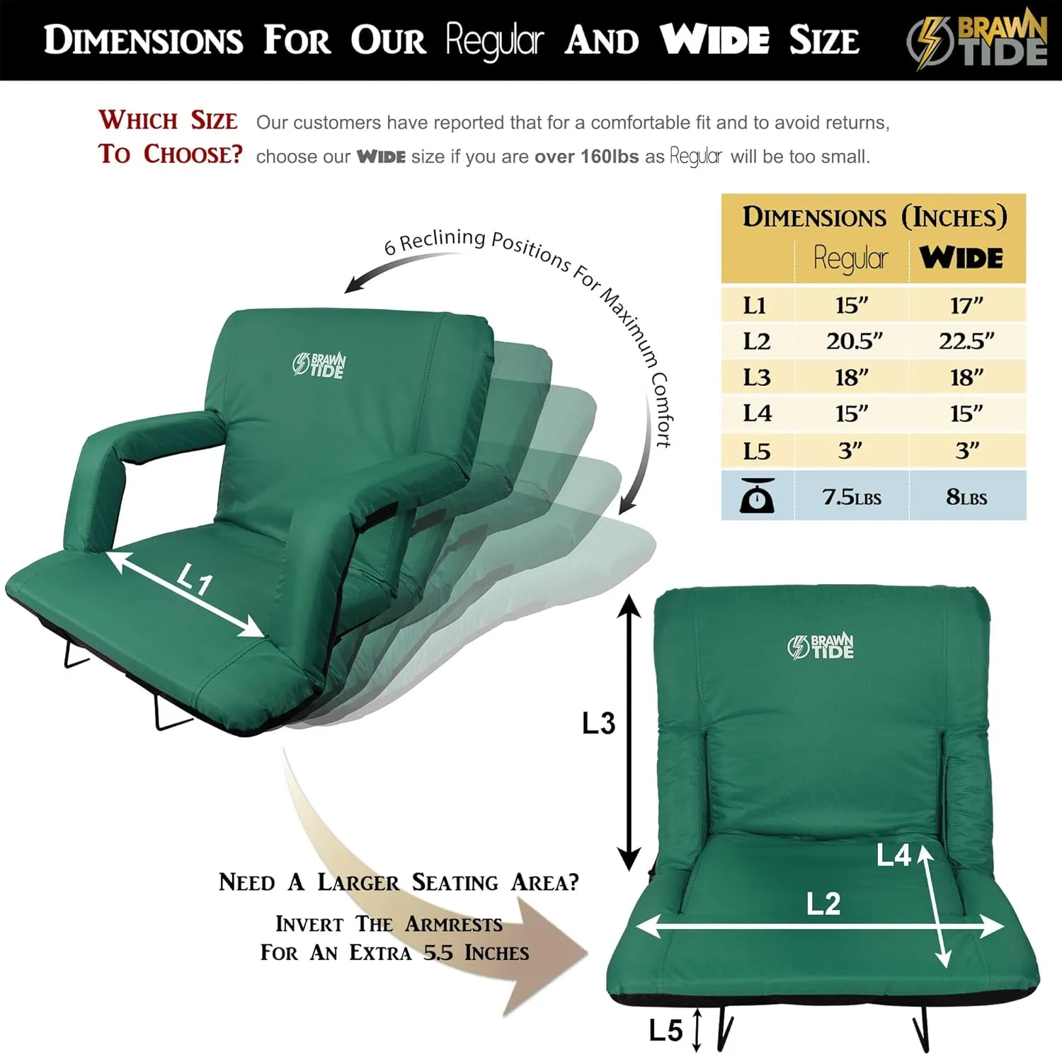 BRAWNTIDE Stadium Seat with Back Support - Comfy Cushion, Thick Padding, 2 Steel Bleacher Hooks, 4 Pockets, 2 Cup Holders, Reclining Back, Ideal Chair for Sport Events, Beaches, Camping, Concerts