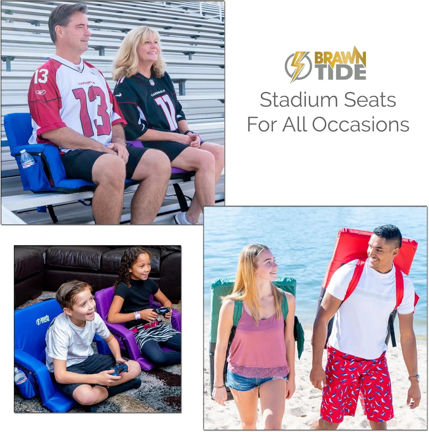 BRAWNTIDE Stadium Seat with Back Support - Comfy Cushion, Thick Padding, 2 Steel Bleacher Hooks, 4 Pockets, 2 Cup Holders, Reclining Back, Ideal Chair for Sport Events, Beaches, Camping, Concerts
