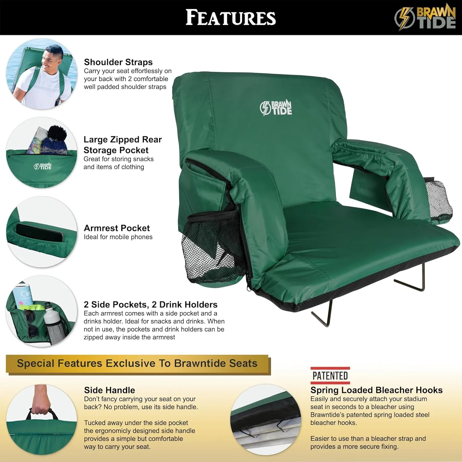 BRAWNTIDE Stadium Seat with Back Support - Comfy Cushion, Thick Padding, 2 Steel Bleacher Hooks, 4 Pockets, 2 Cup Holders, Reclining Back, Ideal Chair for Sport Events, Beaches, Camping, Concerts
