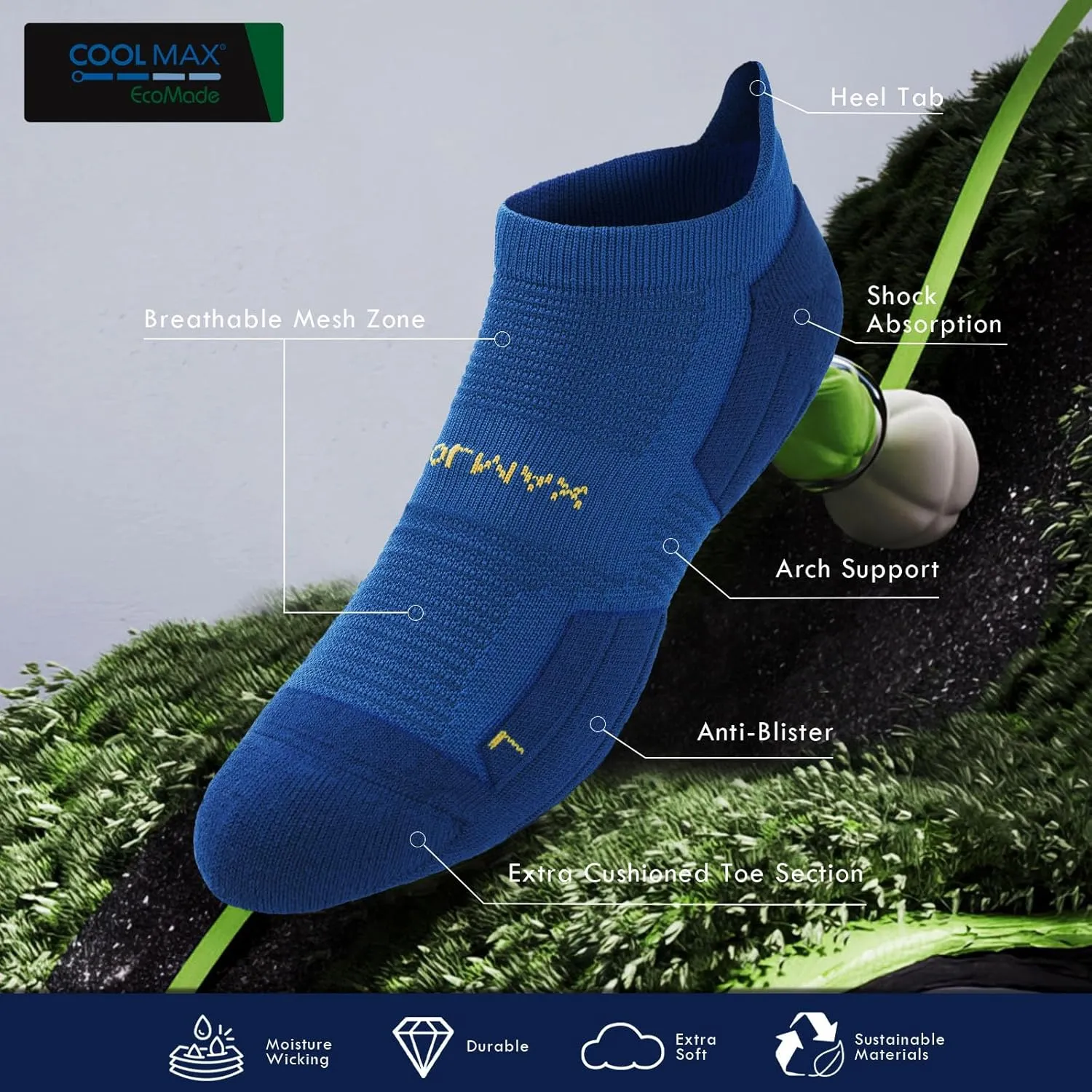 BRISIRA Coolmax Bamboo Viscose Compression Running Socks 3 Pairs Ankle Low Cut Athletic Anti Blister Cushioned Seamless
