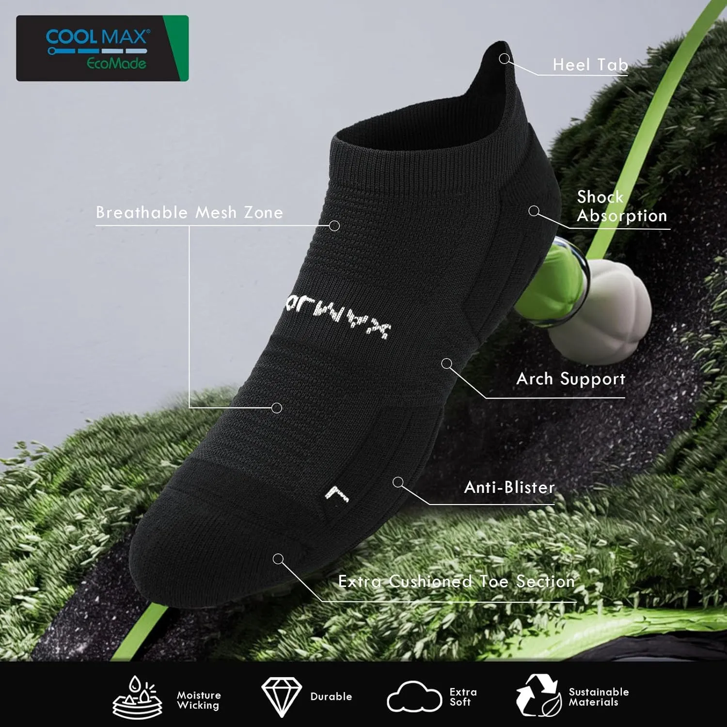 BRISIRA Coolmax Bamboo Viscose Compression Running Socks 3 Pairs Ankle Low Cut Athletic Anti Blister Cushioned Seamless