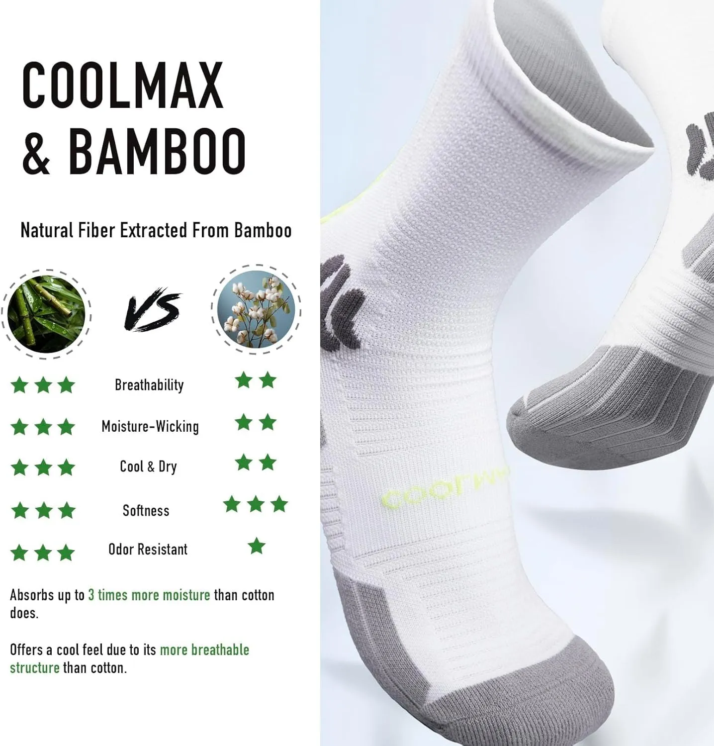 BRISIRA Coolmax Bamboo Viscose Compression Running Socks 3 Pairs Crew Moisture Wicking Anti Blister Athletic Hiking Work Sock
