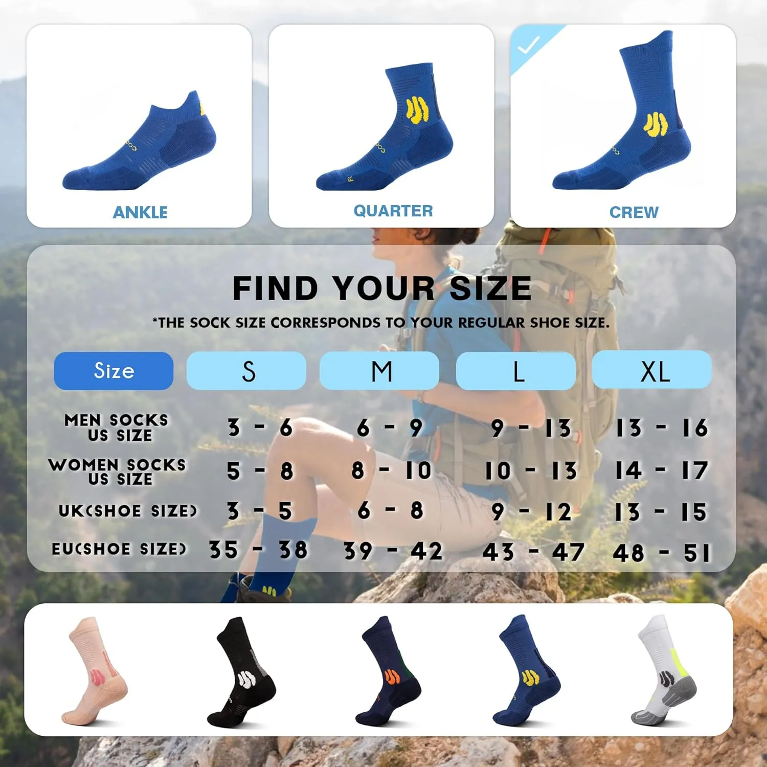 BRISIRA Coolmax Bamboo Viscose Compression Running Socks 3 Pairs Crew Moisture Wicking Anti Blister Athletic Hiking Work Sock