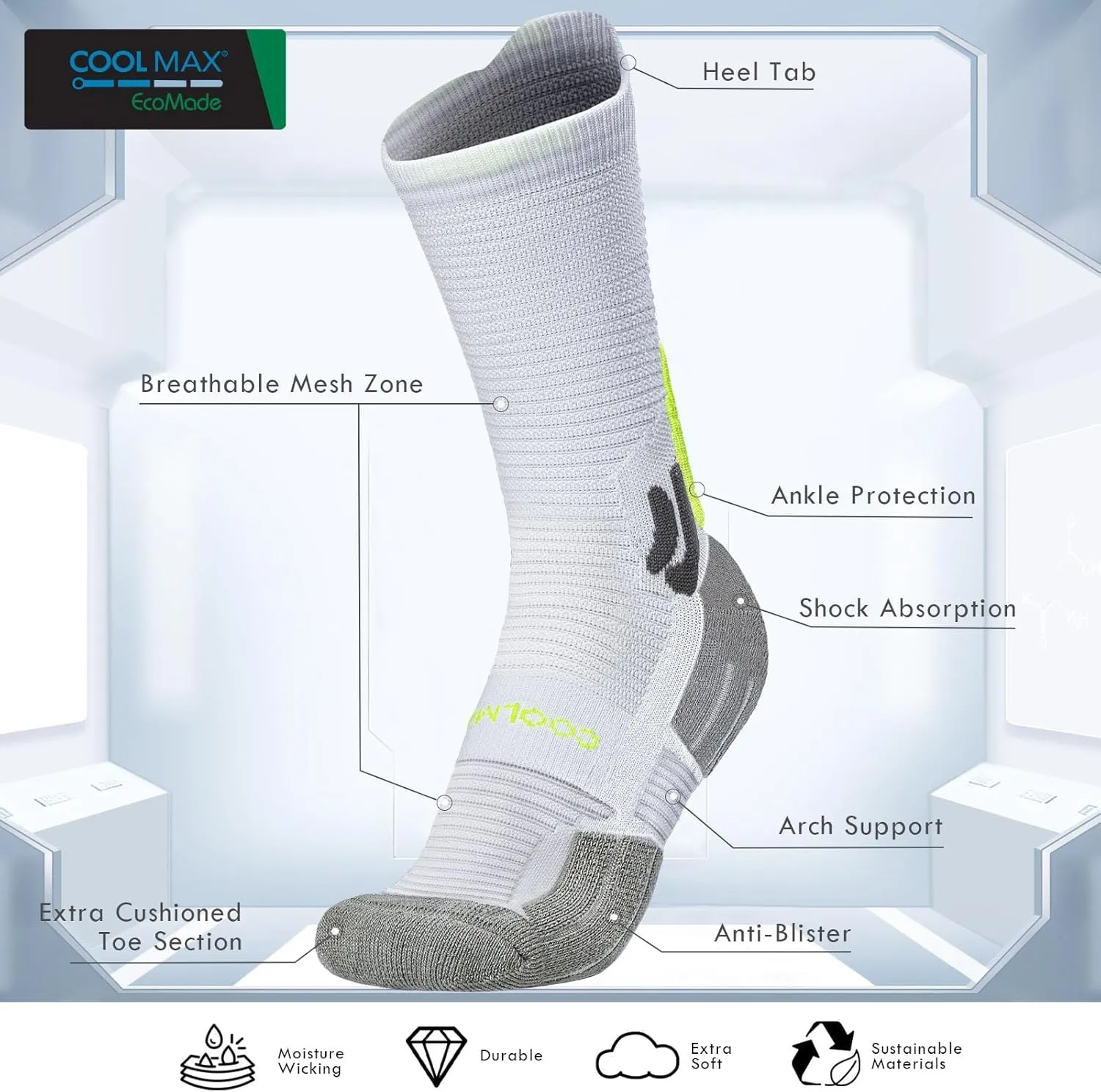 BRISIRA Coolmax Bamboo Viscose Compression Running Socks 3 Pairs Crew Moisture Wicking Anti Blister Athletic Hiking Work Sock