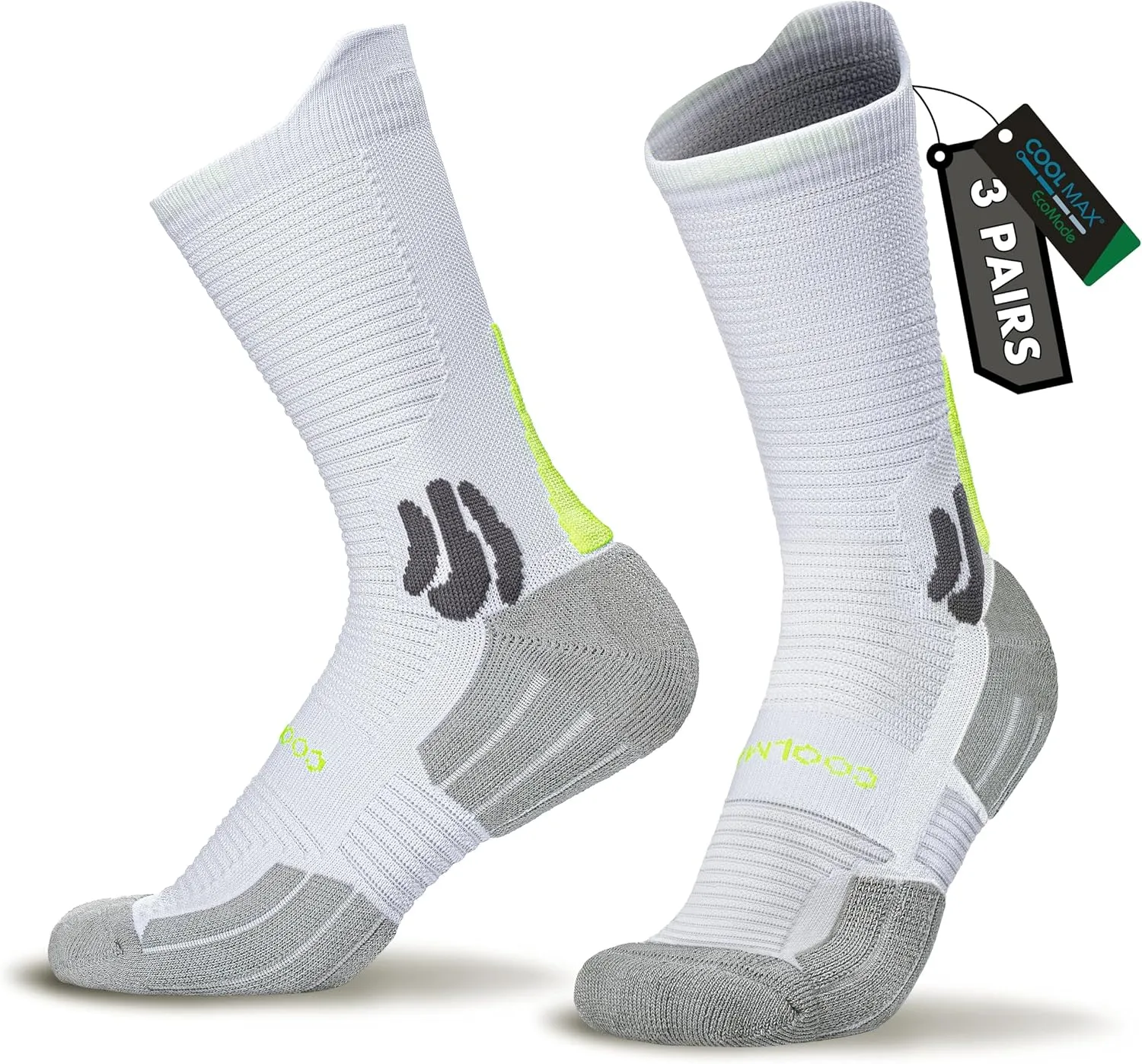 BRISIRA Coolmax Bamboo Viscose Compression Running Socks 3 Pairs Crew Moisture Wicking Anti Blister Athletic Hiking Work Sock